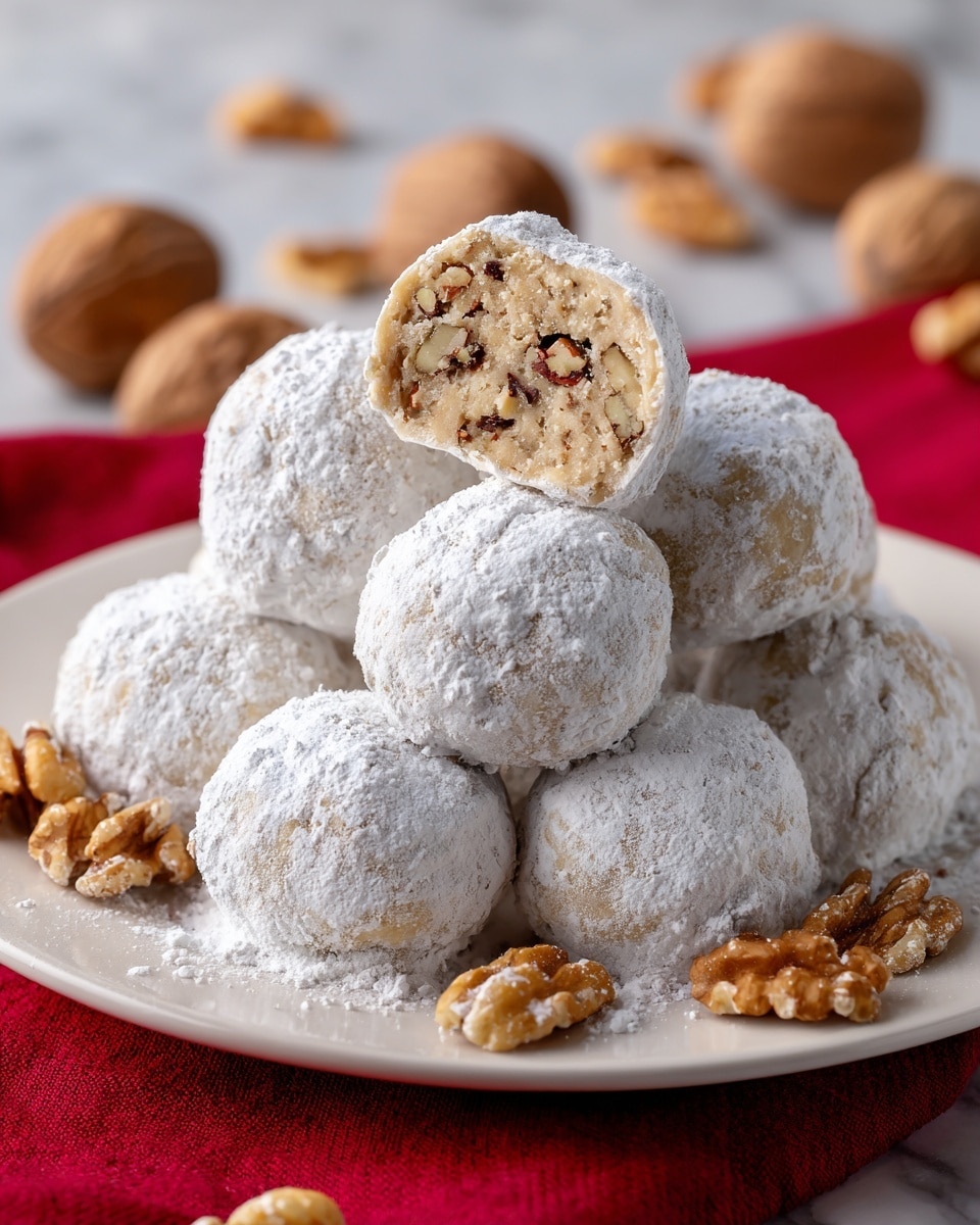 A white plate holds a pile of round cookie balls, each covered in a light layer of white powdered sugar. One cookie ball on top is cut in half, showing a tan, dense interior mixed with small pieces of nuts. The texture inside looks soft and nutty, while the outside remains smooth and powdery. The plate sits on a red cloth, and some whole walnuts are scattered around the base. The background shows blurred walnuts on a white marbled surface. photo taken with an iphone --ar 4:5 --v 7