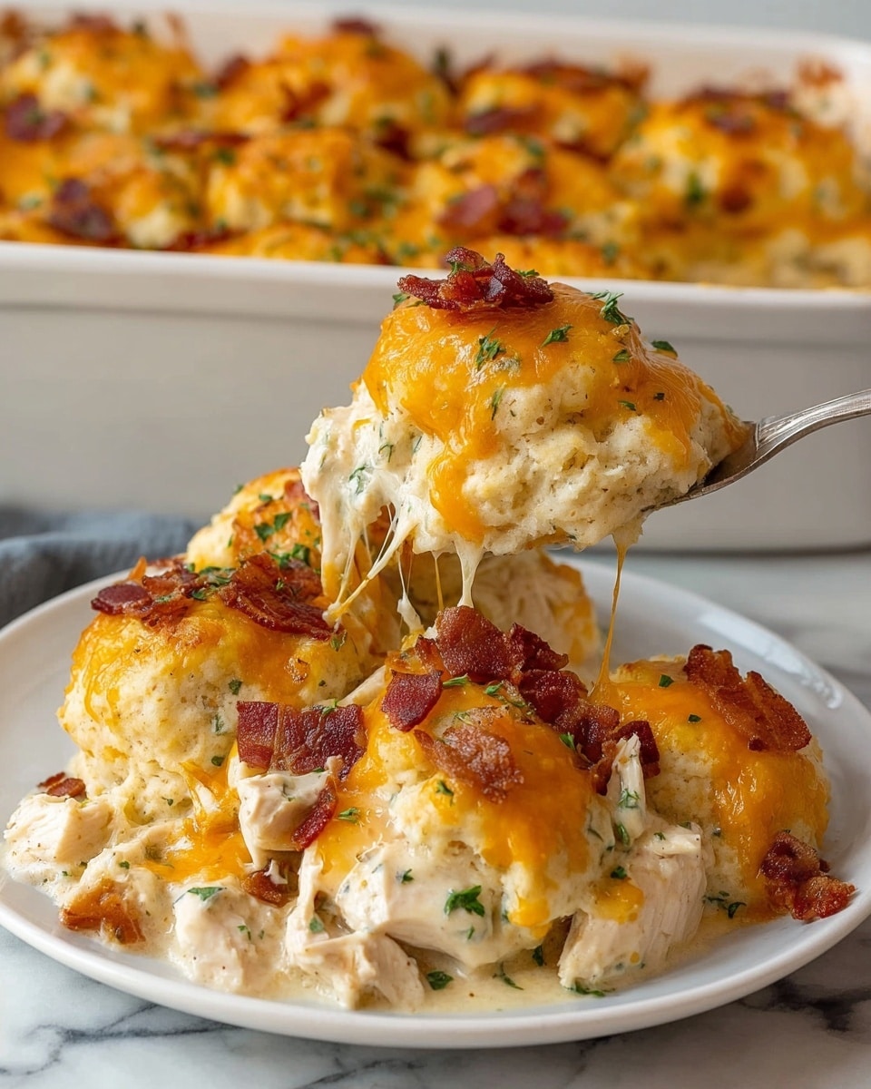 The dish on a white plate shows a serving of a baked casserole. The bottom layer is a creamy white sauce with soft, white chunks of chicken scattered around. On top, there are thick, light golden biscuits with a slightly crispy texture. The biscuits are covered with melted bright orange cheddar cheese that is stretchy as a silver spoon lifts a piece. Small pieces of crispy dark red bacon and green herbs are sprinkled on top for color. In the background, a white baking dish filled with more of the casserole sits on a white marbled surface. Photo taken with an iphone --ar 4:5 --v 7