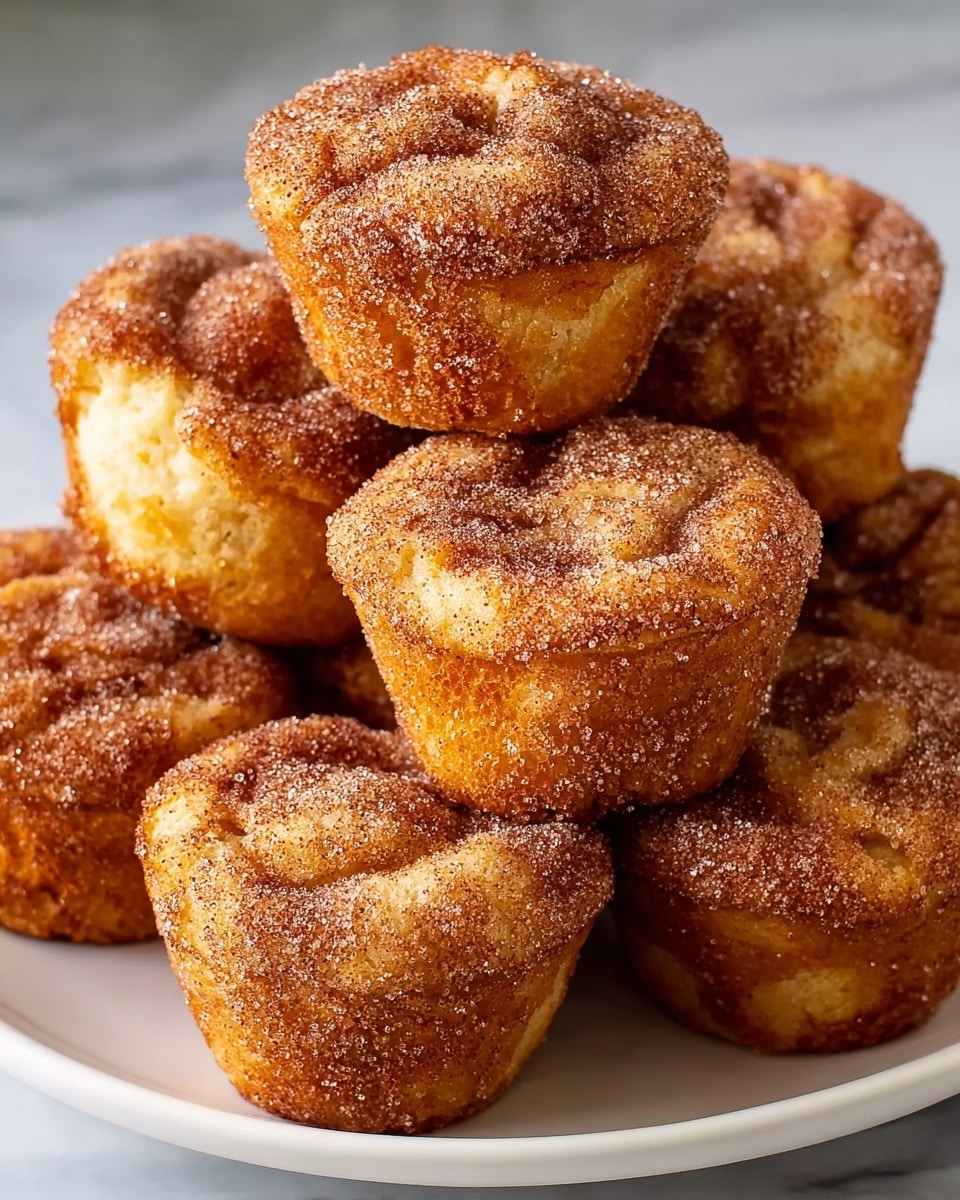 A white plate holds seven cinnamon sugar muffins stacked in a loose pile. Each muffin has a golden brown outer layer covered in a rough, grainy texture of cinnamon sugar, with sugary crystals sparkling on top. The muffins have a slightly uneven, cracked top revealing a soft, light yellow inner layer. The surface beneath the plate shows a white marbled texture. photo taken with an iphone --ar 4:5 --v 7