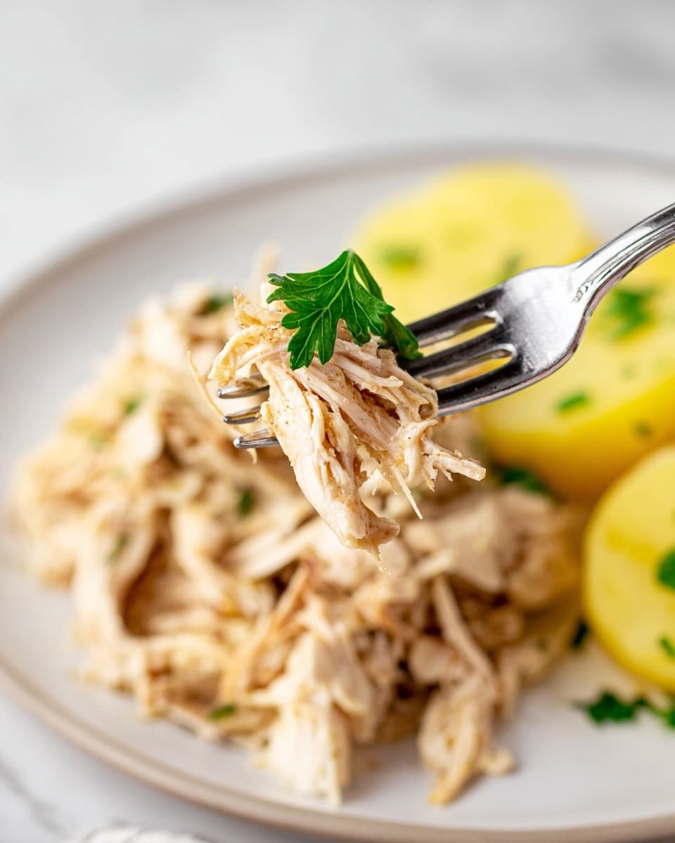 A close-up image shows a fork holding a small bunch of light brown shredded chicken, garnished with a small sprig of bright green parsley on top. Below the fork, the shredded chicken forms a larger pile on a white plate, with visible textures of soft, fibrous meat mixed with some darker and lighter pieces. To the side, slightly out of focus, are bright yellow slices of boiled potatoes with small bits of green herb sprinkled on top. The plate sits on a white marbled surface that adds soft natural light and a clean background. photo taken with an iphone --ar 4:5 --v 7