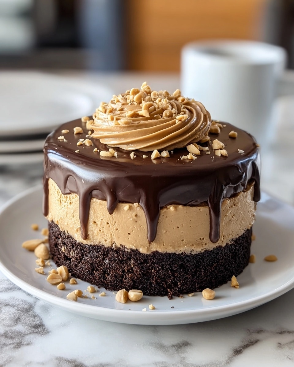 A small round cake with three layers sits on a white plate over a white marbled surface. The bottom layer is dark chocolate cake with a rough, crumbly texture. The middle layer is smooth, light brown peanut butter cream, evenly thick all around. The top is glossy, dark chocolate ganache dripping slightly over the sides, with a swirl of peanut butter frosting in the center, sprinkled with chopped peanuts. The background is softly blurred, highlighting the cake. photo taken with an iphone --ar 4:5 --v 7