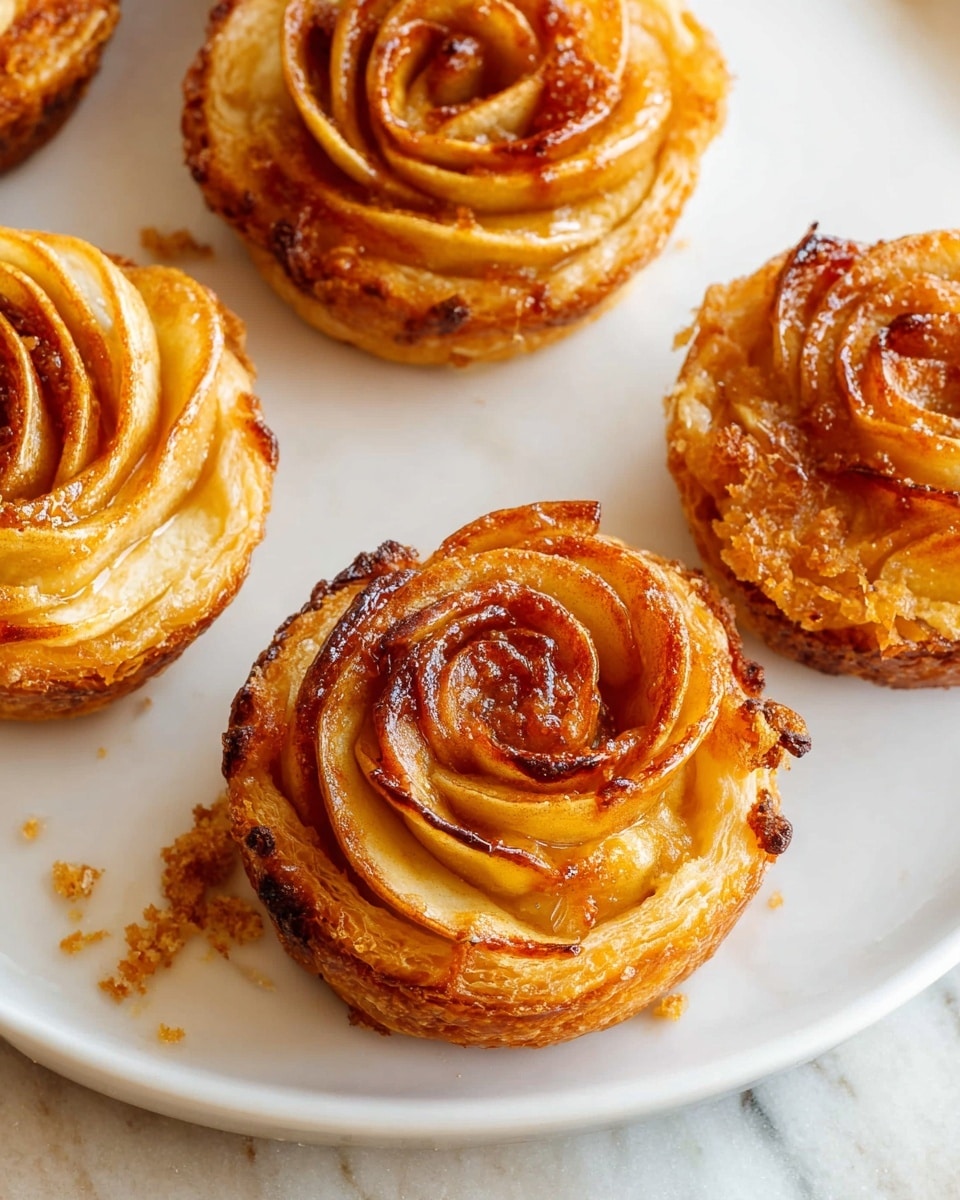 The image shows four round apple rose pastries arranged on a white plate placed on a white marbled surface. Each pastry has multiple layers of golden brown flaky crust forming the base and sides, topped with thinly sliced apple pieces arranged in a spiral to look like a rose; the apple slices are caramelized with a cinnamon sugar coating giving a reddish-brown color on the edges and a glossy texture. The layers of apples are visible with some slight crispiness on the tips and softer, lighter yellow inside petals. There are a few crumbs on the plate near the pastries, enhancing the fresh baked look. Photo taken with an iphone --ar 4:5 --v 7