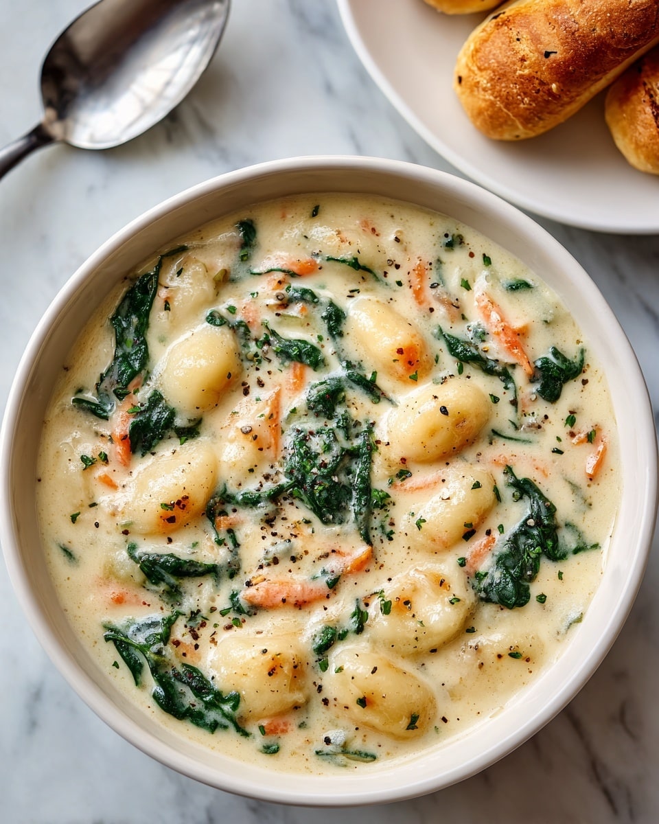 A close-up of a white bowl filled with creamy gnocchi soup, showing soft gnocchi pieces coated in a thick, pale cream sauce with visible green spinach leaves and small orange carrot bits spread evenly throughout. The soup has a smooth and slightly chunky texture with black pepper and herb flecks scattered on the surface. Behind the bowl, there are three golden-brown breadsticks on a white plate and a silver spoon resting on a white marbled surface, slightly out of focus. photo taken with an iphone --ar 4:5 --v 7