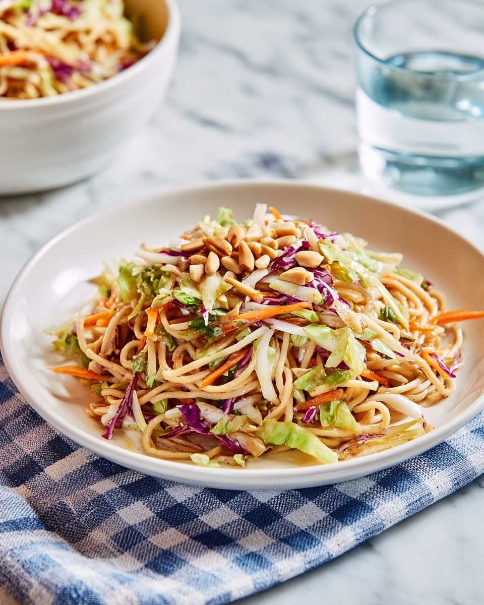 A white plate holds a colorful noodle salad with about three main layers: the bottom layer made of light beige curly noodles, the middle layer filled with shredded green cabbage, orange carrot strips, and thin purple cabbage slices, and the top layer sprinkled with thin almond slices and sunflower seeds. The salad looks fresh and mixed, with colors of beige, green, orange, and purple blending together. The plate sits on a blue and white checkered cloth over a white marbled surface. In the background, a white bowl with more noodle salad is partially visible along with a glass of water. Photo taken with an iphone --ar 4:5 --v 7