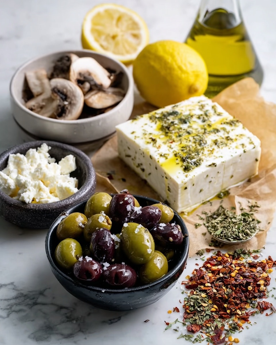 The image shows a collection of Mediterranean ingredients arranged on a white marbled surface. In the front is a black bowl full of shiny green and dark purple olives, some sprinkled with salt. Just to the right, there is a pile of mixed dried herbs and chili flakes scattered on the surface. To the back right, a thick white block of feta cheese with herbs and olive oil drizzled on top sits on a piece of brown parchment paper. Behind the cheese is a clear glass bottle of golden olive oil. To the left, a white bowl contains chunks of mushroom, while next to it another dark stone bowl holds crumbled white cheese. In the very back is a whole lemon and a lemon half showing its pale yellow juicy inside. Photo taken with an iphone --ar 4:5 --v 7