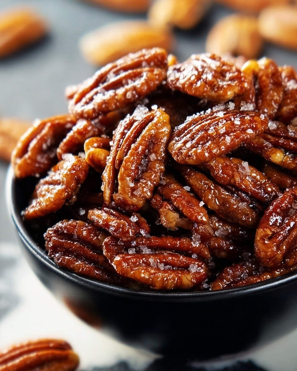A black bowl filled to the top with glossy, caramelized pecans that have a rich, dark brown color and a sticky, shiny texture. Each pecan piece shows its natural ridges and a few grains of salt are scattered on the surface, making them look crunchy and fresh. The bowl sits on a surface with a white marbled texture, and some pecans are blurred in the background, adding depth to the image. photo taken with an iphone --ar 4:5 --v 7
