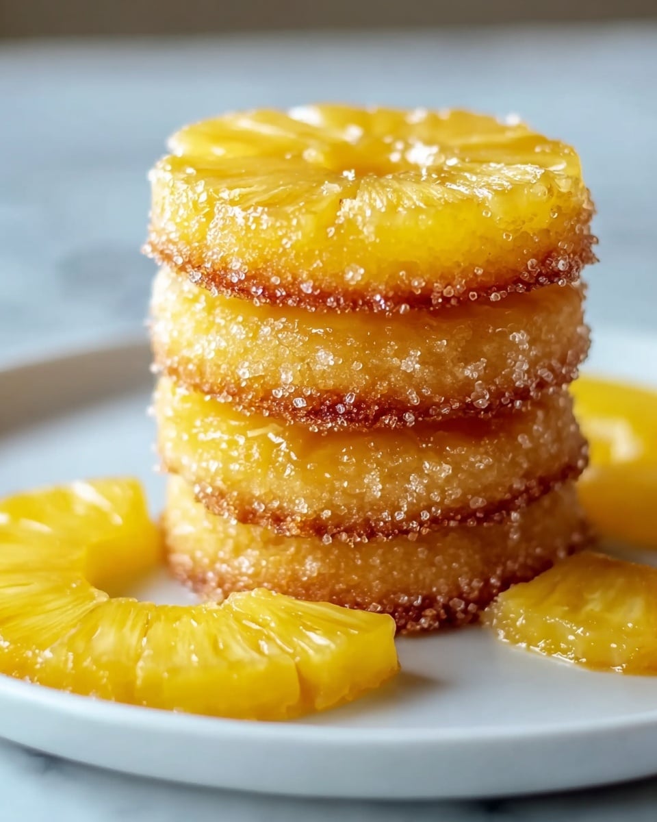 A stack of four round pineapple upside-down mini cakes is placed in the center of a white plate on a white marbled surface. Each cake layer has a glossy yellow pineapple slice on top with a translucent, juicy texture, and the edges are coated with sparkling sugar crystals giving a rough texture. The cake layers underneath are golden brown and soft with a crumbly texture, clearly visible between the pineapple slices. Two more pineapple slices lie flat on the plate around the stack. The lighting highlights the shiny top layers and the sugar crystals, making the pineapple look fresh and moist. Photo taken with an iphone --ar 4:5 --v 7