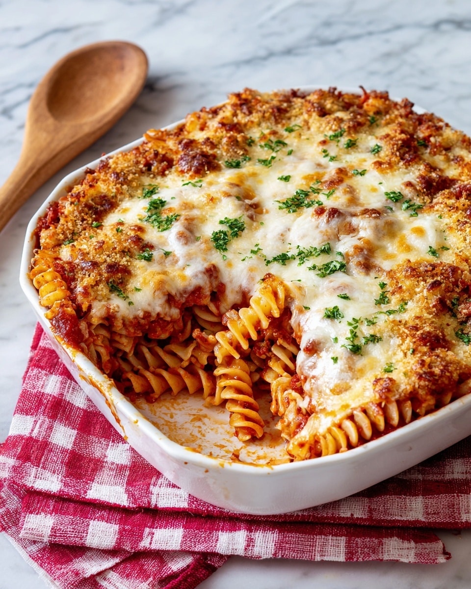A white dish with a baked pasta casserole showing three visible layers: the top layer is golden brown breadcrumb crust with a rough texture and small green parsley leaves scattered on it, the middle layer is melted cheese with some stringy texture, and the bottom layer shows cooked spiral pasta in red tomato sauce. The casserole is partially eaten, revealing the layers inside, with sauce stains on the white baked dish edges. The dish sits on a red and white checkered cloth, and a light wooden spoon is placed next to it on a white marbled surface. photo taken with an iphone --ar 4:5 --v 7