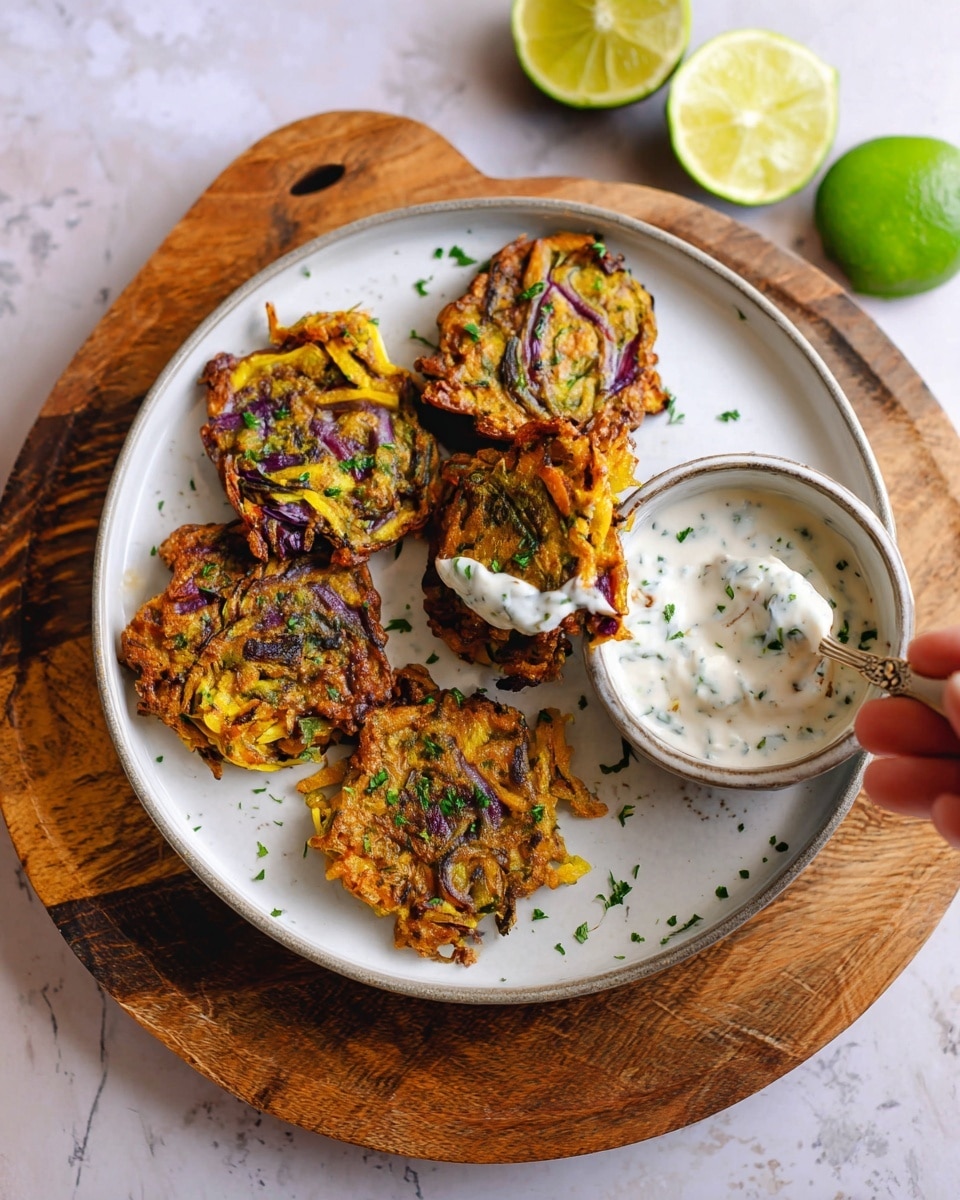 A white plate holds five golden-brown vegetable fritters with visible layers of shredded purple and yellow vegetables, garnished lightly with green herbs. One fritter is being dipped into a small bowl of thick, creamy white sauce mixed with green specks. The plate is set on a round wooden board, and two halves of a bright green lime sit nearby. The whole scene sits on a white marbled textured surface. photo taken with an iphone --ar 4:5 --v 7