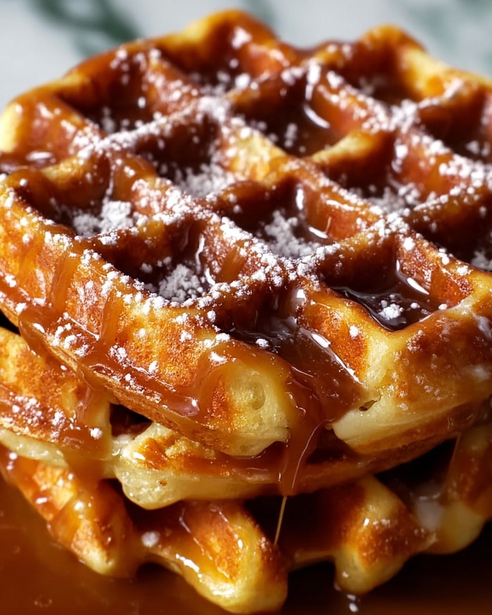 A close-up image of two stacked golden-brown waffles with a crispy texture, each waffle having deep square pockets. The top waffle is drizzled with rich caramel sauce that glistens under the light and some powdered sugar dusted lightly over the surface. The caramel sauce fills some of the waffle pockets and drips down the edges between the layers, creating a glossy, inviting look. The background shows a white marbled texture. photo taken with an iphone --ar 4:5 --v 7