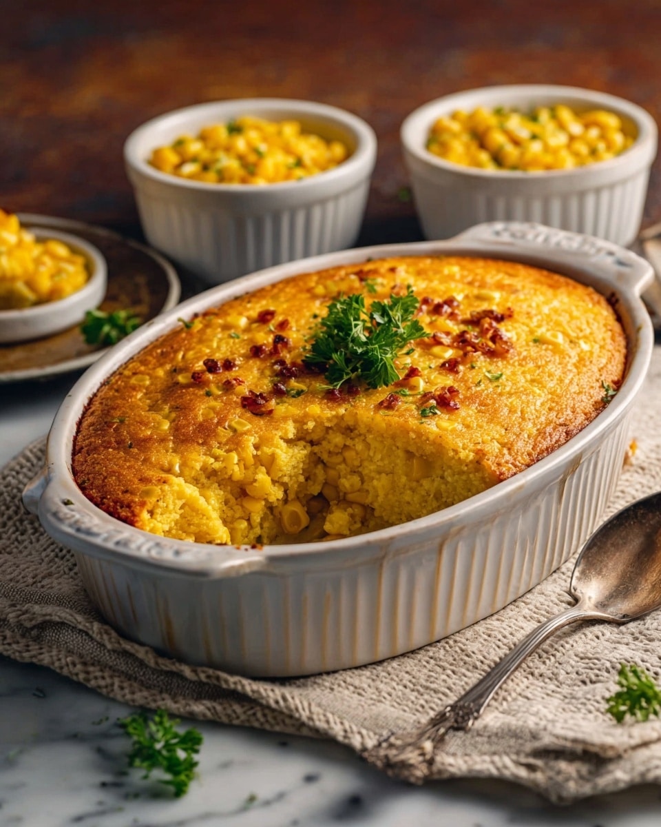 A white oval baking dish filled with a creamy, yellow corn casserole topped with a golden-brown, slightly crispy crust with bits of browned pieces on top, garnished with fresh green parsley placed in the center. One scoop of the casserole is missing from the front side, showing the soft, moist, and dense yellow filling inside with visible corn kernels. The dish sits on a light beige textured cloth. Nearby, there are two white bowls filled with the same yellow corn mixture, and a silver spoon lies beside the baking dish on the cloth. The background has a dark, warm tone, and the surface has a white marbled texture. Photo taken with an iphone --ar 4:5 --v 7