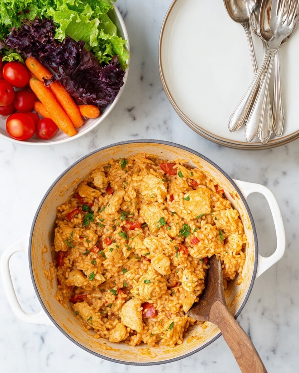 A large white pot filled with a creamy orange rice dish mixed with chunks of light brown chicken pieces, flecks of green herbs, small bits of red tomato, and a wooden spoon resting inside the pot on the right side. Above the pot, there is a white bowl containing green leafy lettuce, purple lettuce, several bright orange baby carrots, and red cherry tomatoes. To the top right, there are two stacked white plates with two silver forks resting on top. The entire scene is set on a white marbled textured surface. photo taken with an iphone --ar 4:5 --v 7