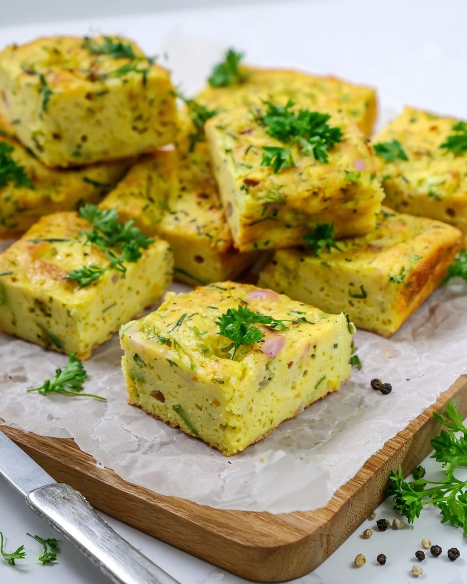 The image shows several square pieces of a baked dish with a golden-yellow color mixed with green herbs and small bits of pink, arranged on a white marbled surface and a wooden board covered with parchment paper. The squares have a soft texture with visible small holes and a slight crust on the edges. Some pieces are stacked, and fresh green parsley is scattered on top and around them for decoration. Black pepper flakes are sprinkled on the white marbled surface near the dish, and a silver knife lies on the left side. photo taken with an iphone --ar 4:5 --v 7