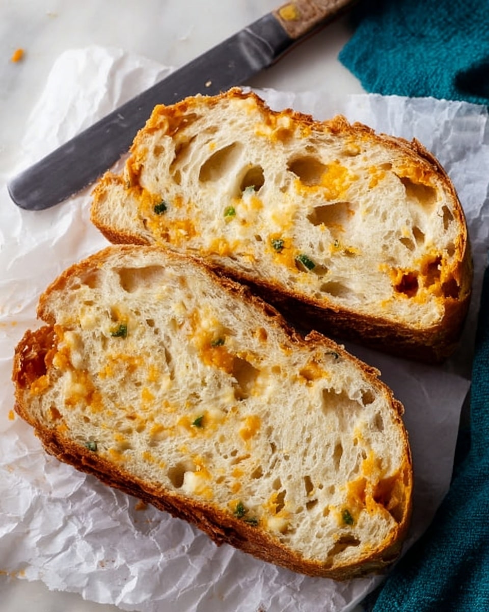 Two thick slices of bread are shown, each with a golden brown crust and light airy texture inside. The bread has visible bits of orange cheese and small green pieces mixed throughout the soft, white interior. The slices lie on crumpled white paper, next to a dark gray bread knife and a corner of a teal cloth. The background is a white marbled surface. photo taken with an iphone --ar 4:5 --v 7