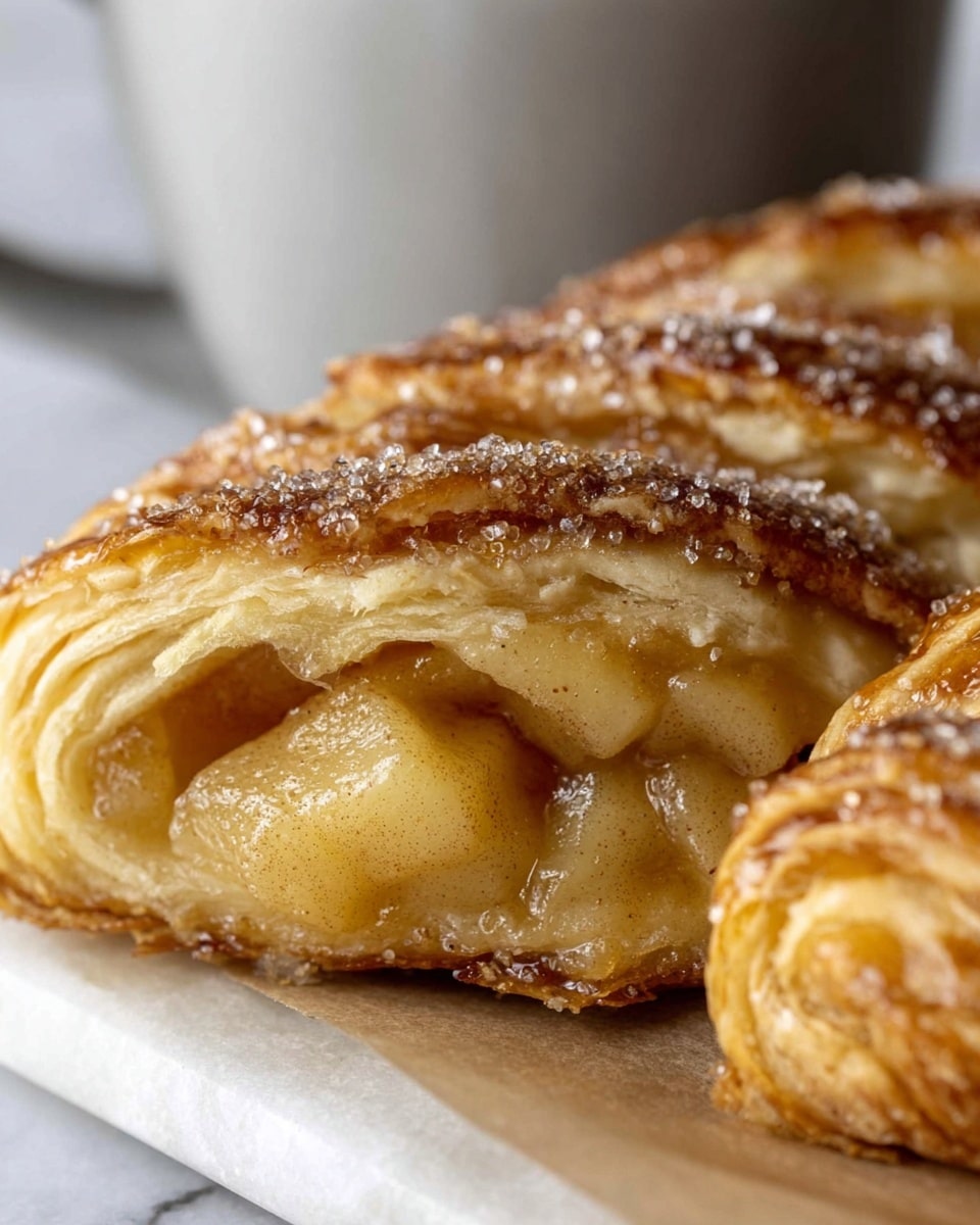 The image shows a close-up of a golden brown pastry with multiple flaky layers, each layer looking light and crispy. Inside the pastry, there are soft, glossy pieces of cooked apple that have a slightly translucent, yellowish color with specks of cinnamon. The top of the pastry is sprinkled with coarse sugar crystals that add texture and shine, giving it a slightly crunchy appearance. The background is a white marbled surface with a blurred cup in light gray color. photo taken with an iphone --ar 4:5 --v 7