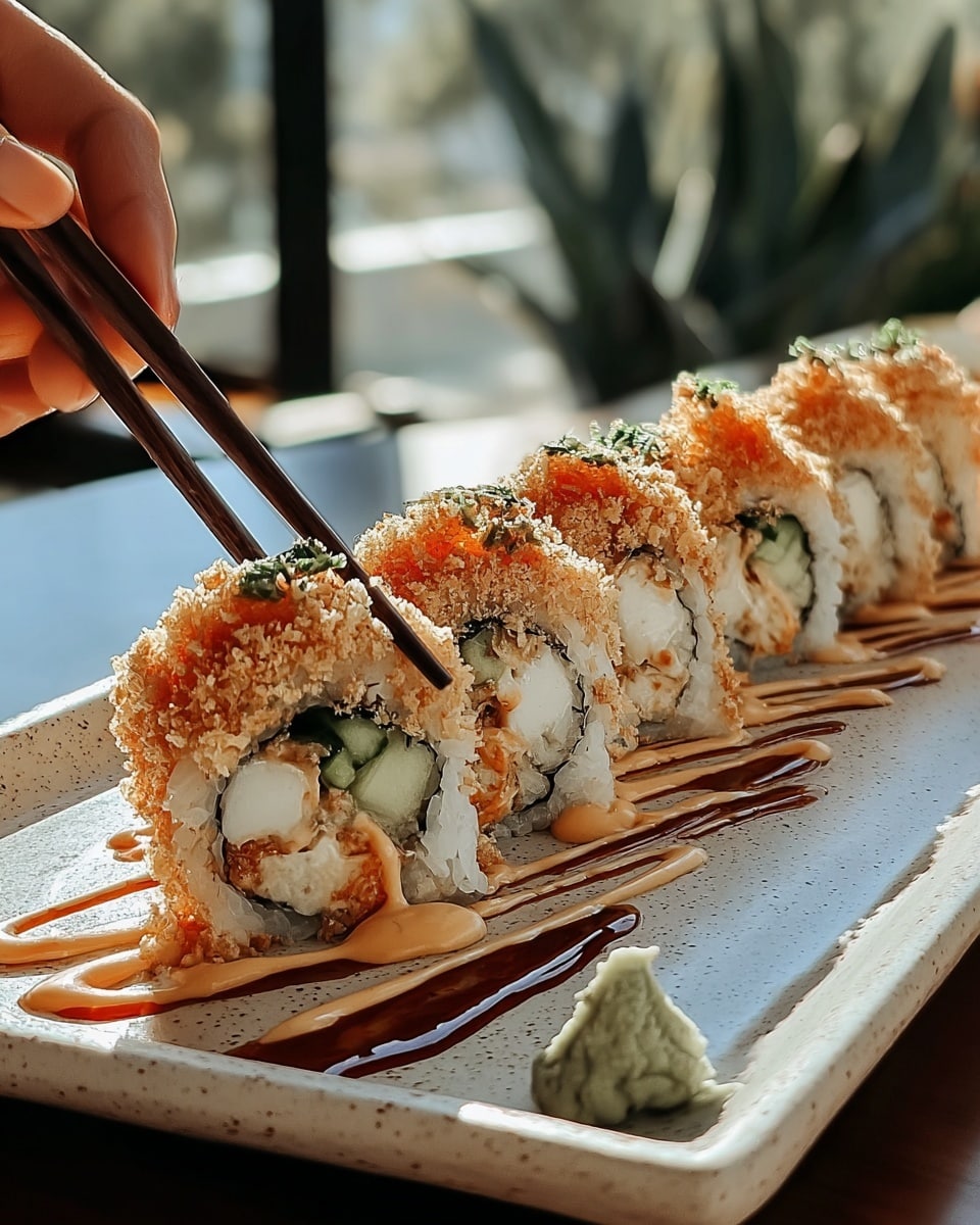 A close-up shot shows a row of sushi rolls neatly lined on a white rectangular plate with a speckled texture. Each roll has a white rice outer layer, topped with a light brown crunchy crumb coating and drizzled with a creamy beige sauce. Inside the sushi, you see a green cucumber slice, a white piece of seafood, and a vibrant orange layer of fish roe. A dark brown sauce is artistically spread beneath the rolls on the plate. A woman's hand holding chopsticks is about to pick one roll from the left side. The setting has soft natural light with a blurred window and greenery in the background, all on a white marbled surface. photo taken with an iphone --ar 4:5 --v 7