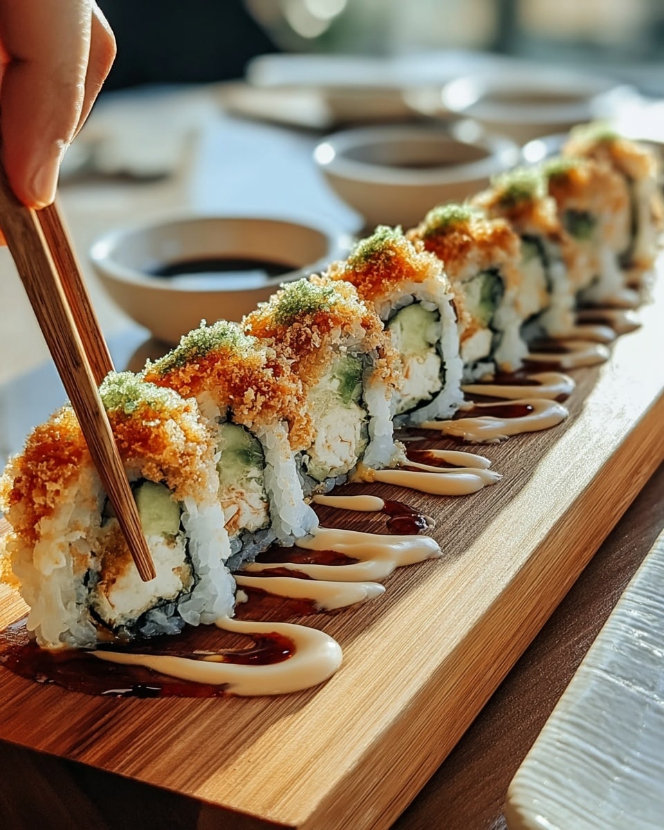 A row of eight sushi rolls is placed on a long wooden board, each roll showing three main layers: the outer layer of white rice, a middle layer of black seaweed, and an inner filling of white crab meat with green cucumber sticks. On top, there is a thick layer of crispy, light tan tempura crumbs sprinkled with tiny green flakes, drizzled with dark brown sauce and light beige creamy sauce that continues in streaks on the wooden board below. A woman's hand with chopsticks is picking up one sushi piece from the right side. The background has blurred small white bowls on a white marbled surface. Photo taken with an iphone --ar 4:5 --v 7