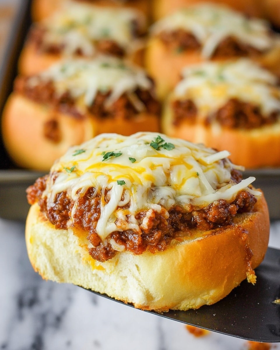 A close-up of a baked bread roll topped with three distinct layers: the base is a golden-brown soft bread roll, followed by a thick layer of dark brown minced meat sauce, and finished with a layer of melted shredded cheese in white and yellow colors, sprinkled with small green herb bits on top. The bread roll is held by a black spatula against a blurred background showing more similar rolls on a white marbled surface. A slight crispy cheese edge is visible on the bottom side of the bread roll. photo taken with an iphone --ar 4:5 --v 7