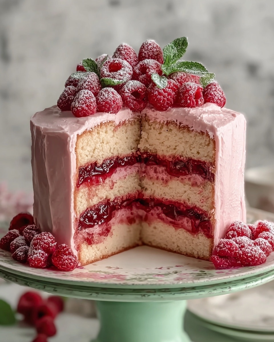 A tall, layered cake with four layers is shown, with two light beige sponge cake layers and two red sponge cake layers. Between each layer there is a thick spread of red berry jam that looks glossy and slightly textured. The cake is fully covered with a smooth, light pink frosting that has a soft, creamy texture. On top of the cake, there is a cluster of fresh raspberries, some frosted with a light dusting, mixed with a few green mint leaves. Around the base of the cake, more raspberries are scattered. The cake is placed on a white plate with a delicate pattern, which sits on a pale green cake stand, all set against a white marbled surface. Photo taken with an iphone --ar 4:5 --v 7