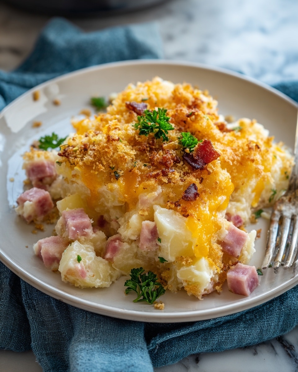 A plate shows a layered dish starting with a base of creamy white potato pieces mixed with pink cubes of ham. On top, there is a golden, melted cheddar cheese layer with a crunchy, browned breadcrumb topping. Small bits of bacon add a reddish-brown color, and fresh green parsley leaves are scattered as a garnish. The dish sits on a white plate with a soft blue cloth and a silver fork beside it, all placed on a white marbled surface. Photo taken with an iphone --ar 4:5 --v 7