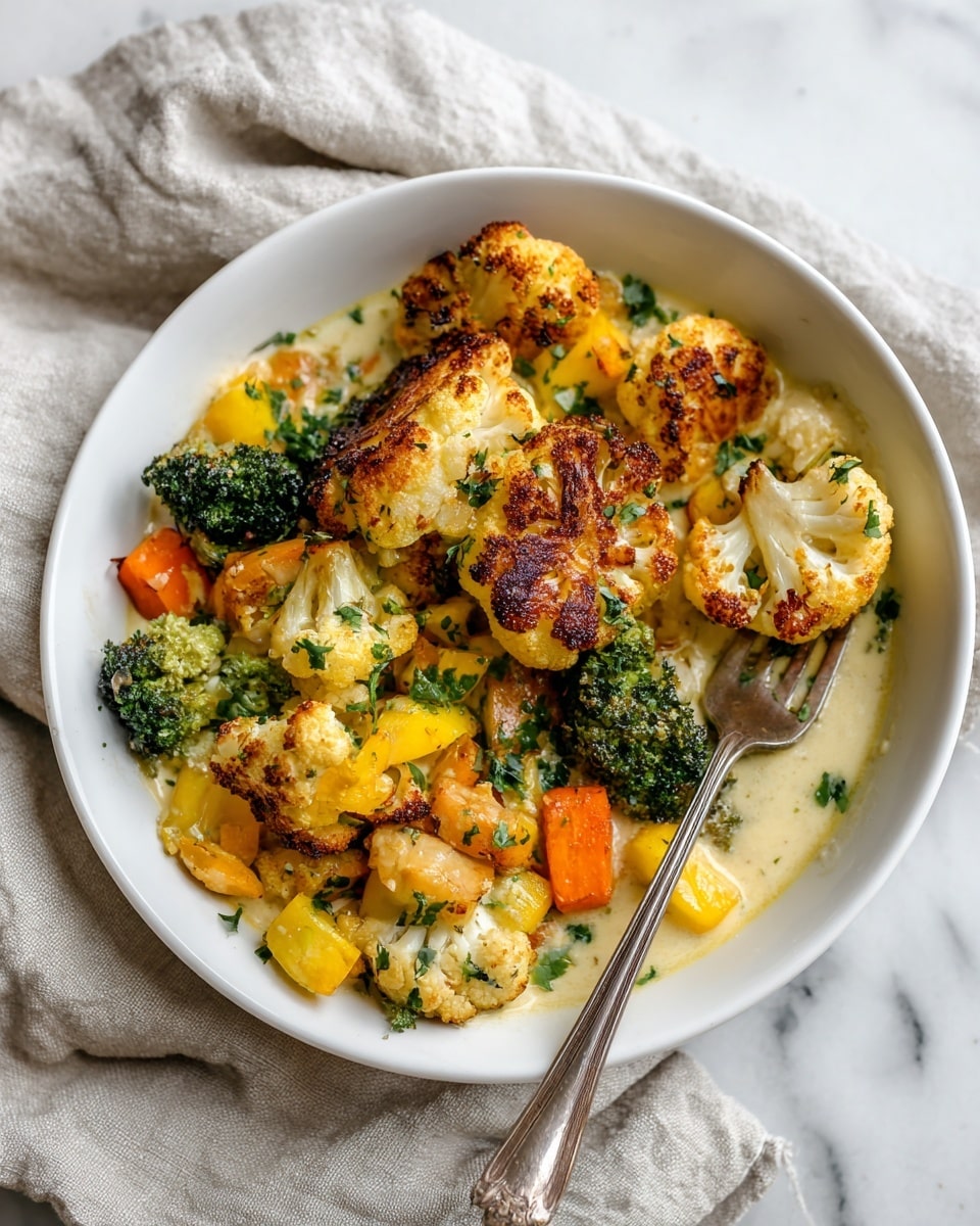 A white bowl filled with roasted vegetables including browned cauliflower florets on top with golden crispy edges, bright green broccoli pieces, and chunks of orange carrots and yellow bell peppers scattered throughout. The vegetables rest in a light creamy sauce, garnished with small bits of green herbs. A silver fork with a piece of cauliflower separately speared lies on the right side inside the bowl. The bowl is placed on a light beige cloth, set against a white marbled surface. Photo taken with an iphone --ar 4:5 --v 7
