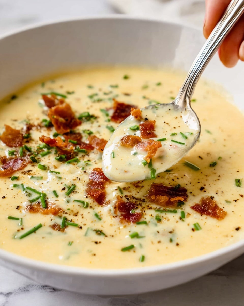 A close-up view of a creamy, light yellow soup served in a white bowl, with small bits of crispy brown bacon and bright green chopped chives sprinkled on top. A silver spoon is partially dipped into the thick soup, lifting some, with the spoon held by a woman's hand. The soup texture is smooth and rich, with slight black pepper flecks visible, all set against a white marbled surface. Photo taken with an iphone --ar 4:5 --v 7