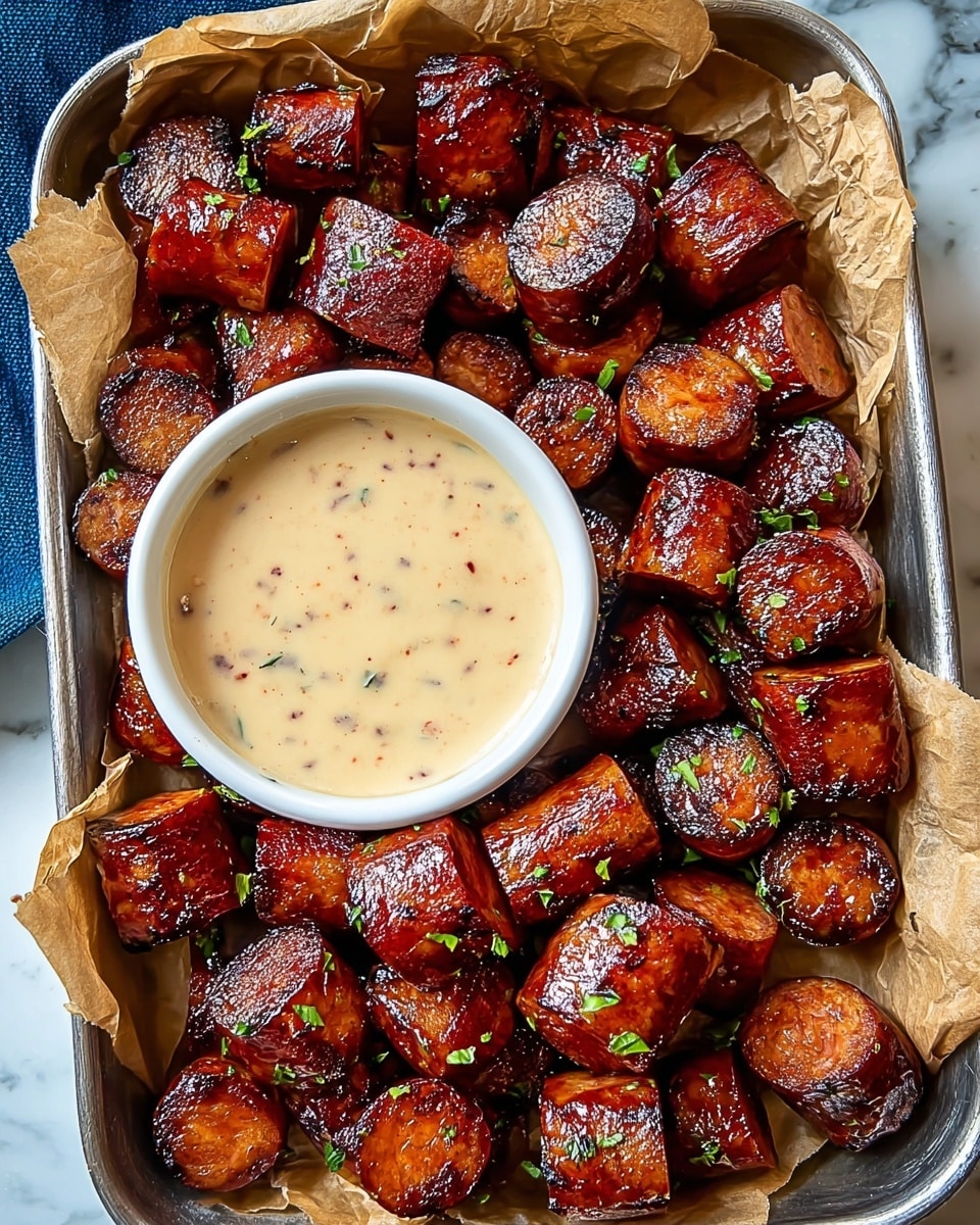 A metal tray lined with crumpled light brown parchment paper holds many thick sausage pieces, each cut into short cylindrical shapes with a glossy, dark reddish-brown grilled surface and some visible char marks; small green herb pieces are sprinkled over the sausages. In the center of the tray is a white round bowl filled with a creamy, light beige sauce speckled with fine black and red dots. The tray is placed on a white marbled surface with a blue cloth partially visible on the top left side. Photo taken with an iphone --ar 4:5 --v 7