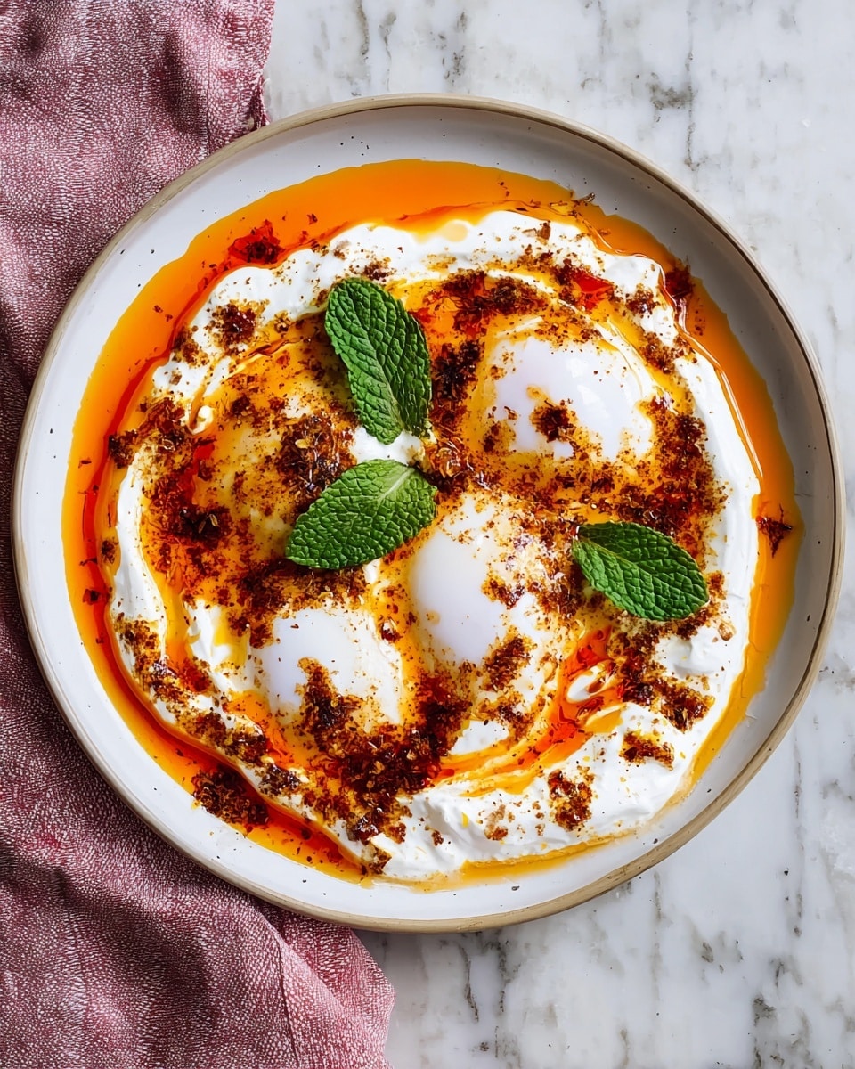A white plate filled with a creamy white yogurt base spread unevenly with soft, white poached eggs in the center. Around and over the eggs, there is a bright orange-red chili oil sauce swirled creating a marbled effect, sprinkled with dark brown spices. Two fresh green mint leaves rest on top of the dish, adding a touch of green contrast. The plate is placed on a white marbled surface with a folded pink cloth napkin on the side. photo taken with an iphone --ar 4:5 --v 7