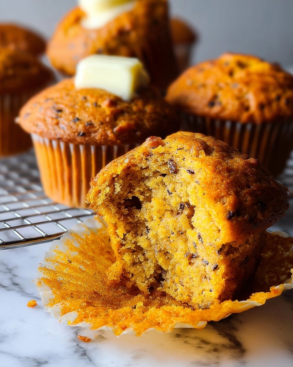 A close-up of a moist orange muffin with small dark seeds inside, the muffin is partially unwrapped, showing a crumbly and soft texture with some crumbs scattered around it. Behind it are four more whole muffins with a golden-brown crust, one topped with a small piece of melting butter. All the muffins are on a metal cooling rack, placed over a white marbled surface. photo taken with an iphone --ar 4:5 --v 7