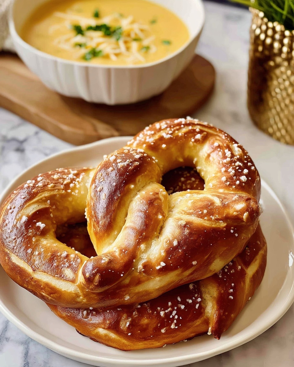 A white plate holds two soft pretzels stacked slightly overlapping. Each pretzel has a golden-brown crust with some darker roasted spots and is sprinkled with coarse salt crystals. The pretzels have a twisted loop shape with a smooth, shiny surface and soft, fluffy texture visible at the edges. Behind the plate, there is a bowl filled with a thick yellow cheese sauce topped with shredded cheese and green herbs on a white marbled surface. photo taken with an iphone --ar 4:5 --v 7