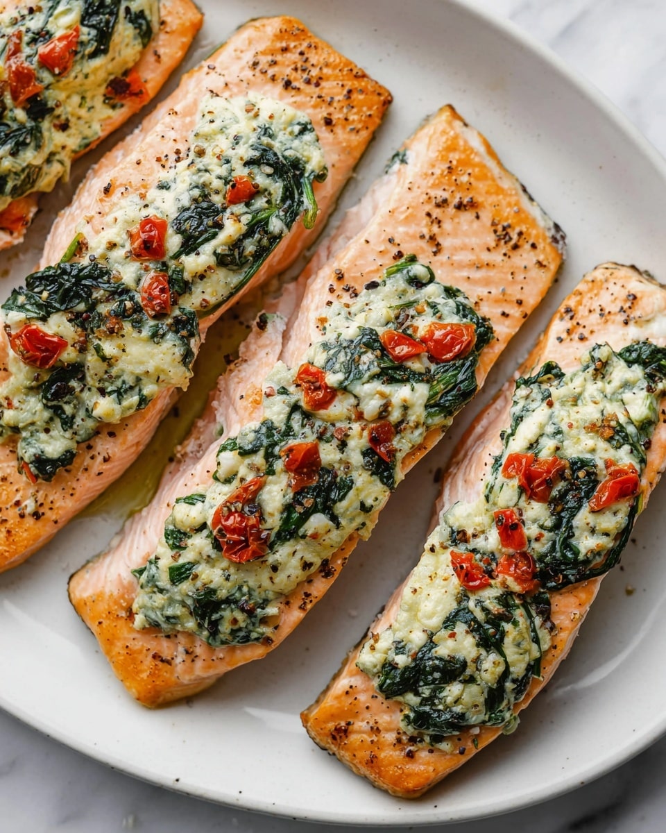 Four salmon fillets are arranged closely on a large white plate set on a white marbled surface. Each fillet has a slightly pink-orange color with visible grill marks and is topped with a mixture of creamy white cheese, dark green wilted spinach, and small bright red tomato pieces. The salmon's texture looks tender and moist with a light sprinkle of black pepper across the fillets and plate. The topping sits roughly in the center of each fillet, spreading about halfway from end to end. photo taken with an iphone --ar 4:5 --v 7