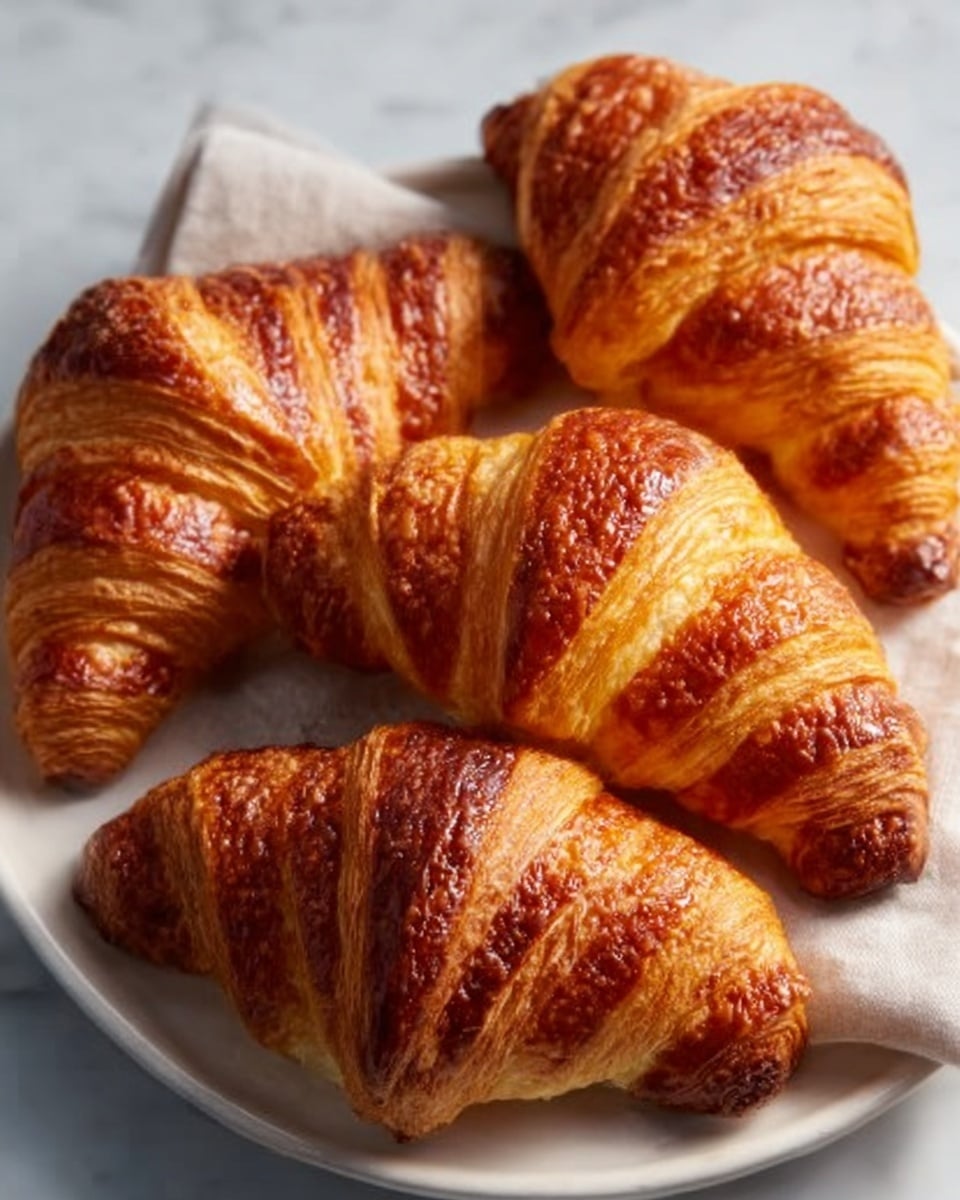 Four golden brown croissants with a shiny, crispy crust rest closely together on a white plate. The croissants show clear layers with a flaky texture and a slightly darker, toasted finish on the edges. The plate sits on a white marbled surface, and the lighting highlights the croissants' airy, layered inside peeking at the ends. photo taken with an iphone --ar 4:5 --v 7