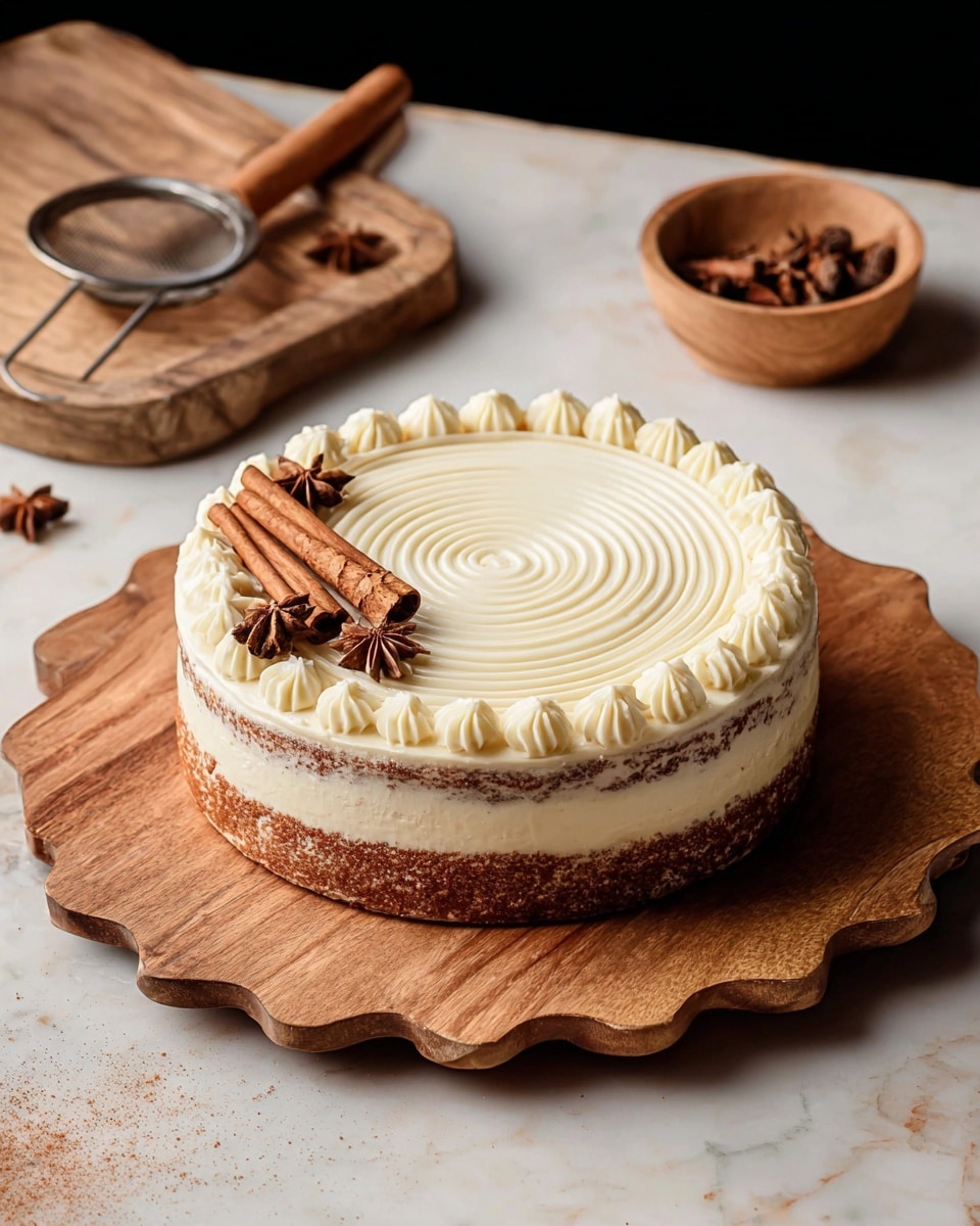 The image shows a two-layered round cake with light brown cake layers and smooth white cream between and on top. The sides of the cake have a thin, uneven layer of cream that lets the cake show through. The top surface is decorated with a spiral pattern of creamy white frosting and a border of small cream dollops around the edge. On one side of the cake’s top, there are three cinnamon sticks and several star anise pieces arranged as garnish. The cake sits on a wooden board with a scalloped edge, placed on a white marbled surface. Nearby, there is a small wooden bowl filled with star anise and another wooden bowl with a metal strainer on top. Photo taken with an iphone --ar 4:5 --v 7