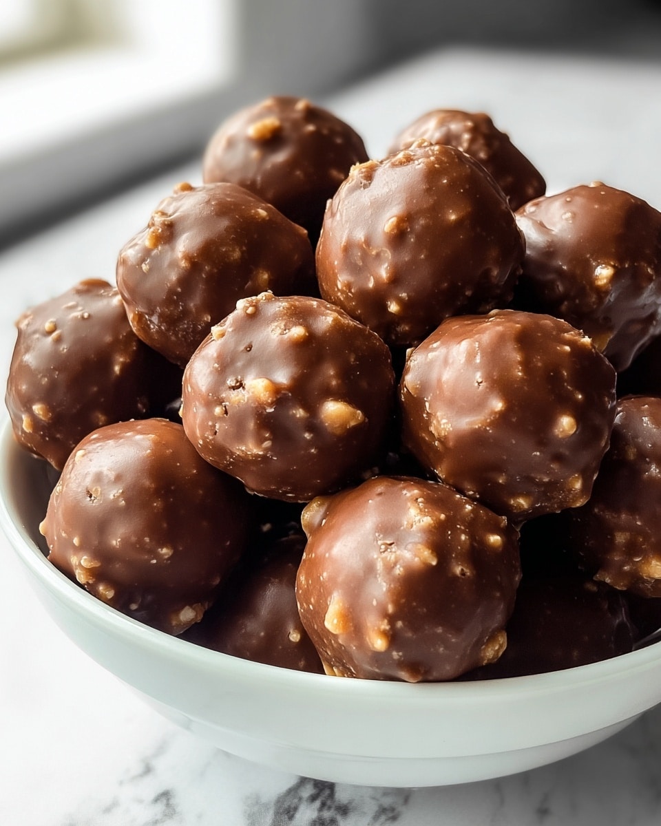 A close-up view of a white bowl filled with round chocolate peanut butter balls, each about the same size, with a smooth and glossy chocolate coating that partly covers a textured peanut butter base showing small peanut pieces. The balls are piled high, creating a sense of depth and richness with light reflecting off the shiny chocolate surfaces. The background features a window with soft natural light, and the entire scene is set against a white marbled texture, emphasizing the warm brown tones of the chocolate and peanut butter. photo taken with an iphone --ar 4:5 --v 7