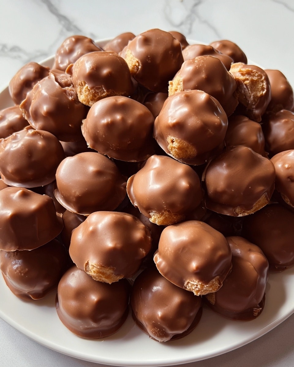 A close-up view of a white plate filled with round, bite-sized treats coated in smooth, glossy milk chocolate. Each piece has a slightly uneven, textured surface with subtle ridges and small bumps, showing a crunchy light brown filling peeking out from the bottom. The treats are piled high, covering most of the plate, and the background shows a white marbled surface with soft shadows. photo taken with an iphone --ar 4:5 --v 7