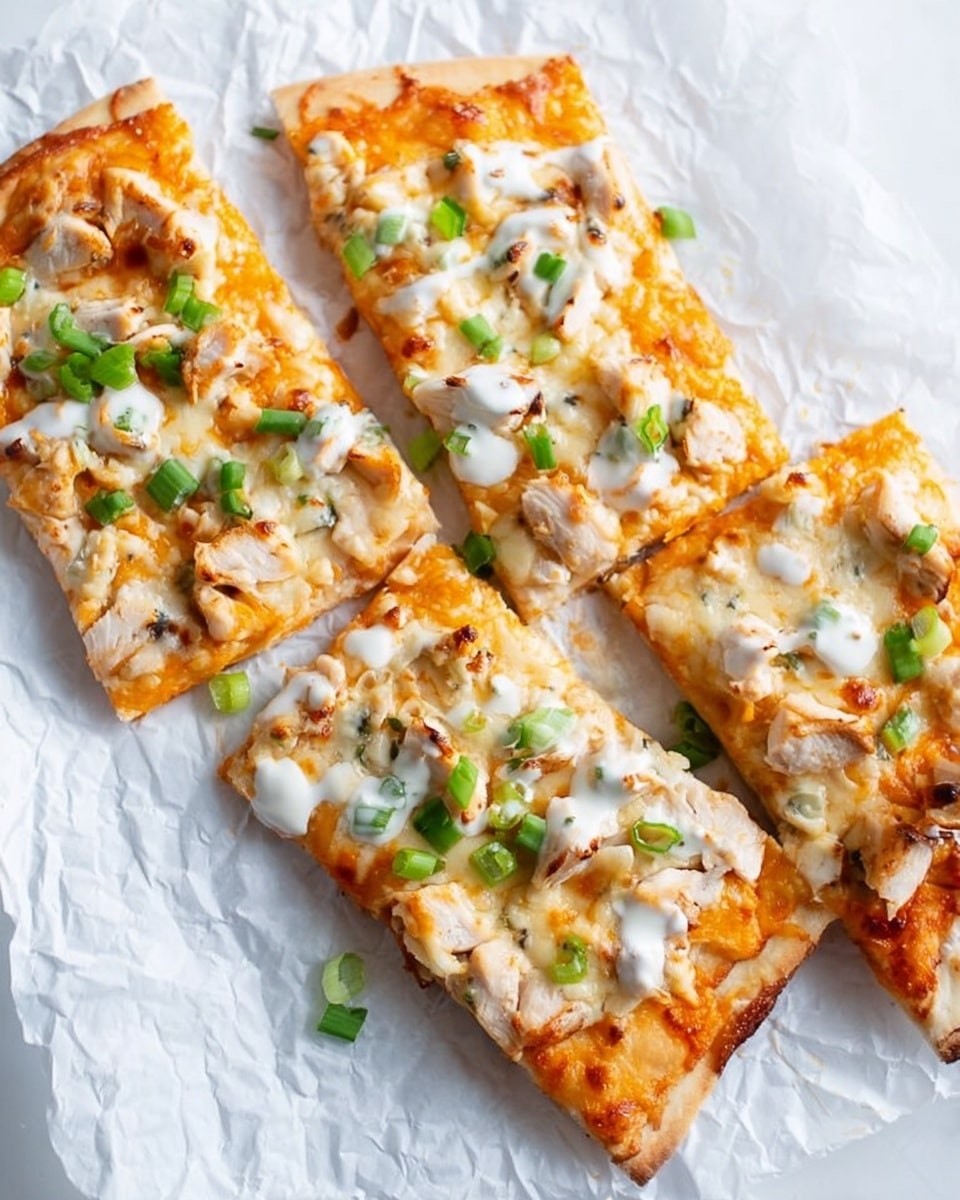 The image shows four rectangular slices of pizza placed on crumpled white parchment paper over a white marbled surface. Each slice has a thick golden-brown crust as the bottom layer. The next layer is light orange melted cheese, topped with pieces of white chicken and small dollops of white creamy sauce spread unevenly. Finally, chopped green onions are sprinkled on top, adding bright green color and fresh texture. The scene is bright and clear, emphasizing the colors and textures of the pizza slices. photo taken with an iphone --ar 4:5 --v 7