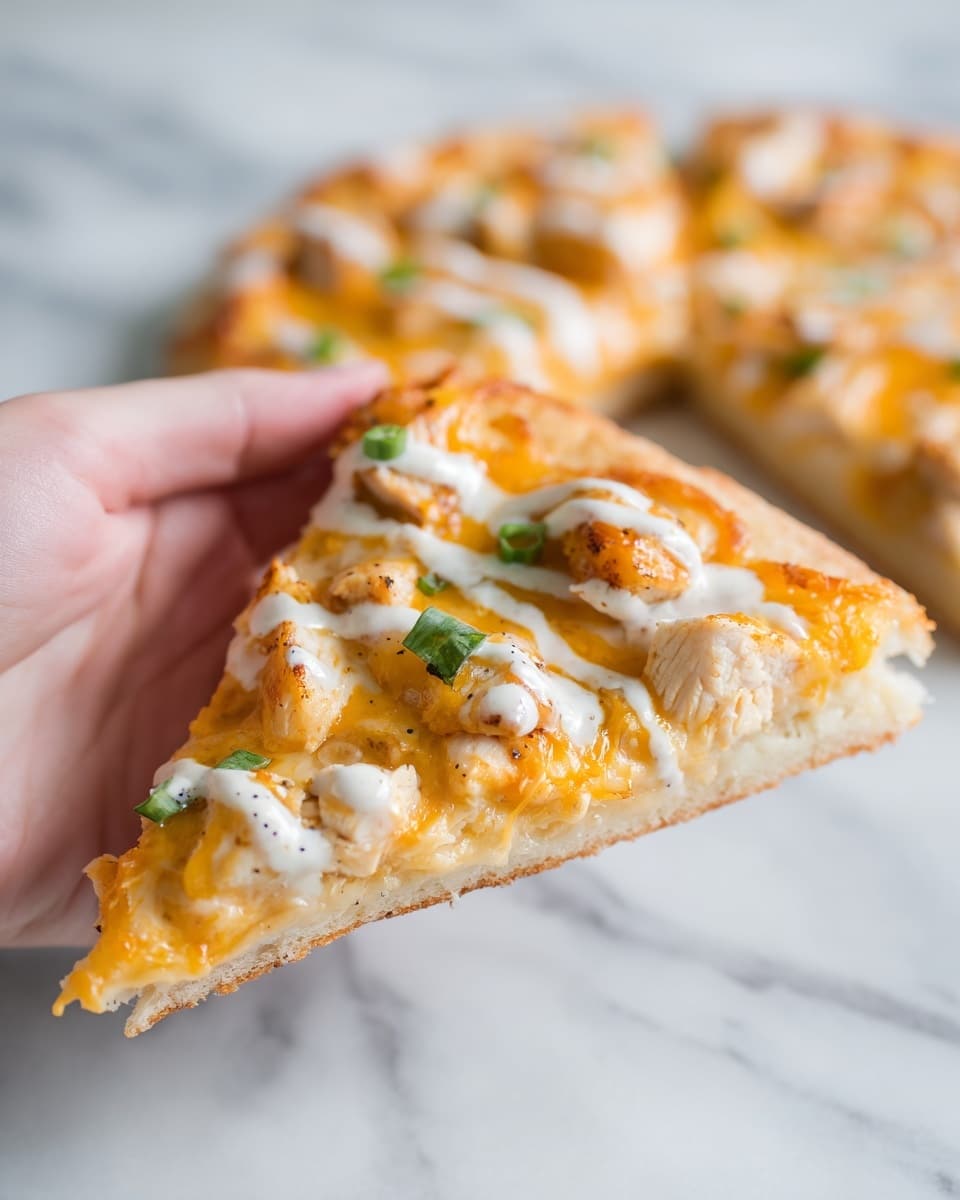 A close-up image of a slice of pizza held by a woman's hand on a white marbled surface. The pizza slice has three visible layers: a light golden-brown crust at the bottom, topped with melted orange cheddar cheese in the middle, and white chunks of chicken scattered on top. There is a drizzle of creamy white sauce across the slice and small green onion pieces sprinkled evenly, adding a touch of green color. The background shows another slice of pizza on the white marbled surface, slightly out of focus. photo taken with an iphone --ar 4:5 --v 7