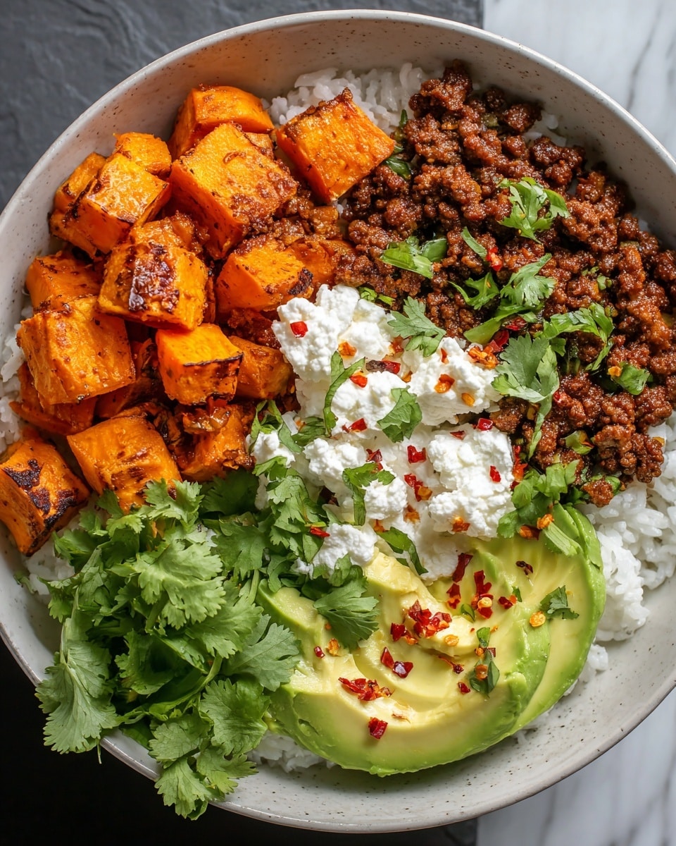 The dish is served in a white bowl filled with a base layer of white rice, visible around the edges. On top of the rice, there are four distinct sections: bright orange roasted sweet potato cubes with a slightly crispy texture on the left, dark brown cooked ground meat with a crumbly texture in the middle, creamy white cottage cheese sprinkled with red chili flakes and green cilantro on the upper right, and fresh light green avocado slices with red chili flakes on the lower right, all pieces neatly arranged. Fresh cilantro leaves are scattered on top as garnish. The bowl is placed on a white marbled surface. photo taken with an iphone --ar 4:5 --v 7