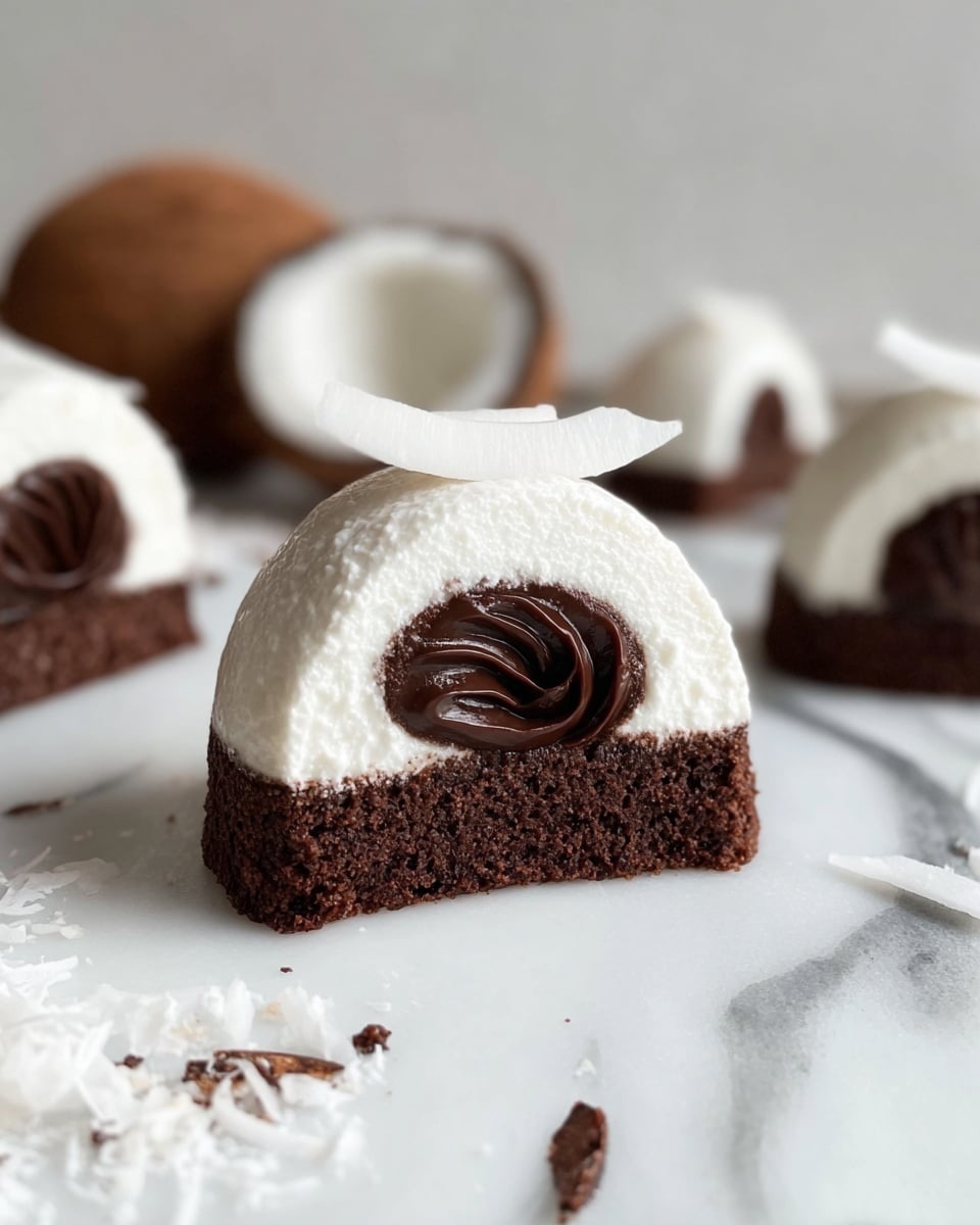 The image shows a small dessert cut in half, placed on a white marbled surface. The dessert has two main layers: the bottom layer is a dark brown chocolate cake with a soft, crumbly texture, and the top layer is a thick, creamy white dome covered in shredded coconut. Inside the white dome, there is a rich, dark chocolate cream filling visible in the center. On top of the dome sits a thin, curved slice of white coconut. In the background, other similar whole desserts are partially visible, along with a split coconut shell adding a natural touch. Photo taken with an iphone --ar 4:5 --v 7