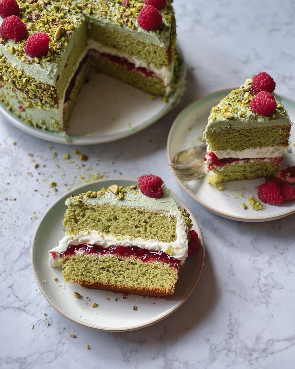 The image shows a green two-layer cake with cream and a bright red raspberry jam in the middle. Each layer of cake is soft and moist with a light green color. The top layer of the cake is covered with green-tinted cream with sprinkled chopped pistachios and a few fresh raspberries. The cake is cut into slices and each slice is served on a white plate. The plates are placed on a white marbled surface with some crumbs and bits of cream and pistachio around. photo taken with an iphone --ar 4:5 --v 7