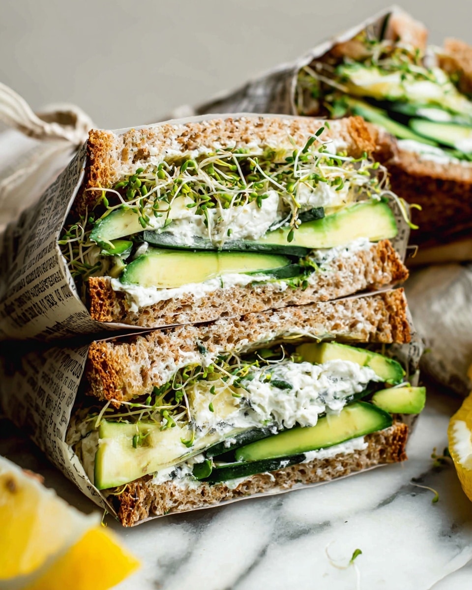The image shows a sandwich cut in half and wrapped in folded newspaper, placed on a white marbled surface. The sandwich has three visible layers: the outer layers are whole grain bread with a rough texture and light brown color; inside, there is a thick spread of white creamy cheese mixed with green herbs on both slices of bread. Above this, there are thinly sliced, bright green cucumber strips and slices of soft, yellow-green avocado. On top, there are light green, thin alfalfa sprouts adding a slightly messy but fresh texture. The sandwich looks fresh and healthy with a combination of soft, crunchy, and creamy textures. A wedge of bright yellow lemon partially appears on the side. Photo taken with an iphone --ar 4:5 --v 7