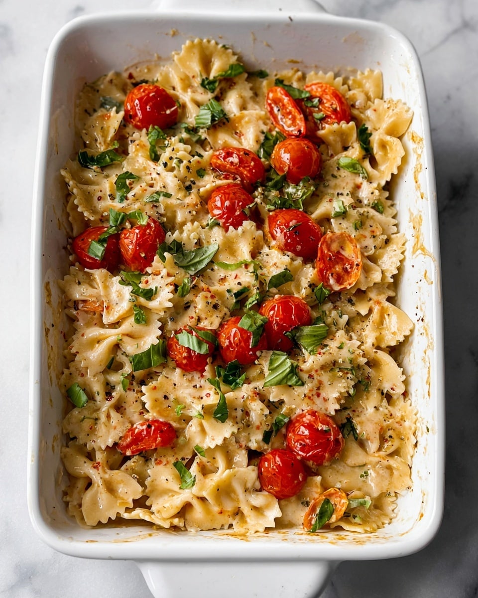 The image shows a white rectangular baking dish filled with cooked bowtie pasta mixed with a creamy light beige sauce. Scattered on top are halved roasted cherry tomatoes adding a bright red color, and small torn pieces of fresh green basil leaves. The pasta looks soft and slightly coated in sauce, with some bits of melted cheese or seasoning visible. The dish sits on a white marbled surface, and there are some sauce smudges on the sides of the dish, giving it a homemade and rustic look. photo taken with an iphone --ar 4:5 --v 7