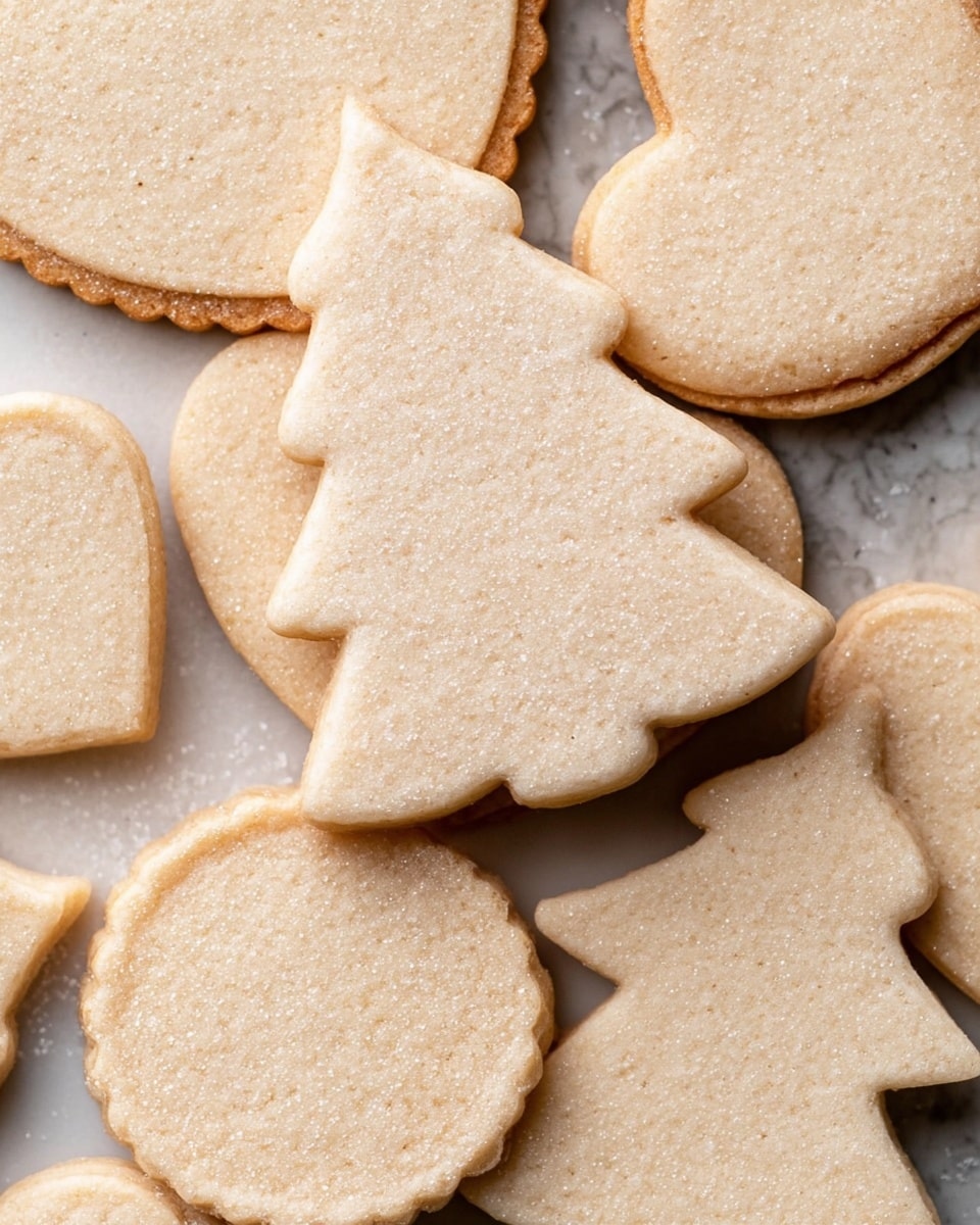 The image shows a close-up of plain cookies in different shapes stacked close together on a white marbled texture. The cookies have a light beige color with a slightly rough texture and some small sugar crystals sprinkled lightly on top. The shapes include a heart, a Christmas tree, and round edges with scalloped borders. The cookies are all thin and have a soft matte finish, showing the natural grain of the dough. Photo taken with an iphone --ar 4:5 --v 7