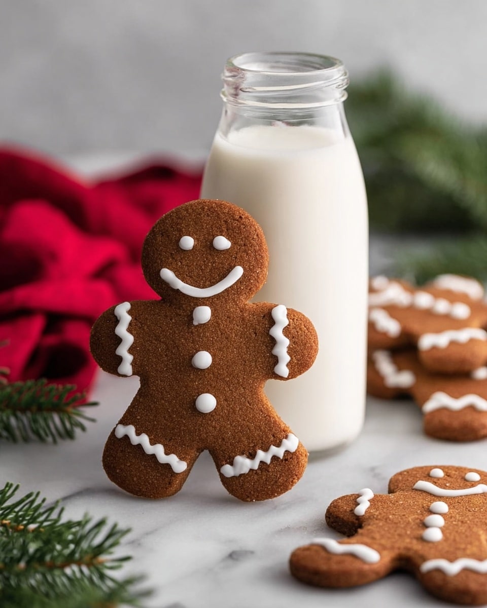 Two gingerbread cookies stand in front of a glass bottle of milk on a white marbled surface. The larger cookie is brown with white icing forming two dots for eyes, a curved smile, three buttons, and zigzag lines on its arms. The smaller cookie, in front and slightly to the right, has white icing outlining its shape, two dots for eyes, a smile, and three buttons. In the background, there is a blurred red cloth on the left and some green pine branches on the right, with more gingerbread cookies scattered. photo taken with an iphone --ar 4:5 --v 7