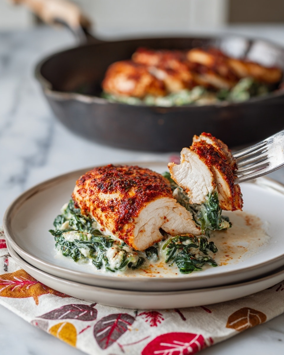 A cooked chicken breast with a reddish spice coating sits on top of a creamy spinach layer, both resting on a white plate with a light gray rim. The chicken is thick and slightly curved, with a textured surface from the spices. Below it, the creamy spinach mix is visible with green leafy pieces in a white creamy base. A silver fork is lifting a slice of the chicken, showing the white, juicy meat inside. The plate is placed on a white marbled surface, with a cast iron skillet holding more chicken and spinach in the background along with a cloth napkin with red, yellow, and gray leaf patterns. Photo taken with an iphone --ar 4:5 --v 7