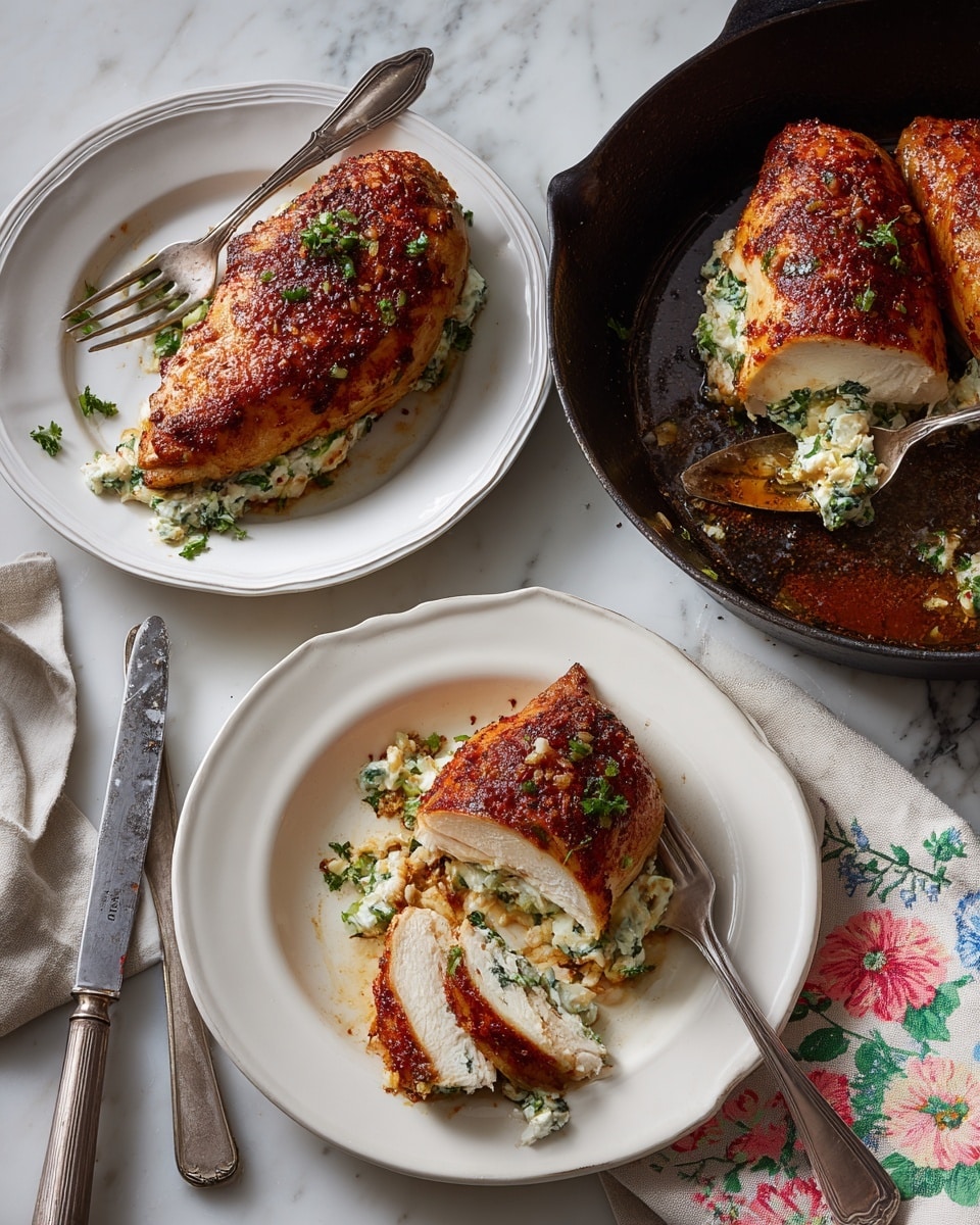 A dish shows a golden-brown chicken breast with a spicy red-brown crust on top, stuffed with creamy white and green filling that peeks out slightly from the middle layer. One chicken breast is in a black cast iron pan with a silver spoon resting beside it, while two pieces are on separate white plates; one of the plated pieces is partially cut with a silver fork lifting a slice, showing the soft white interior of the chicken and the creamy green herb filling inside. The scene is set on a white marbled surface with a floral cloth partially seen under the pan, alongside a silver knife and fork near the plates. photo taken with an iphone --ar 4:5 --v 7
