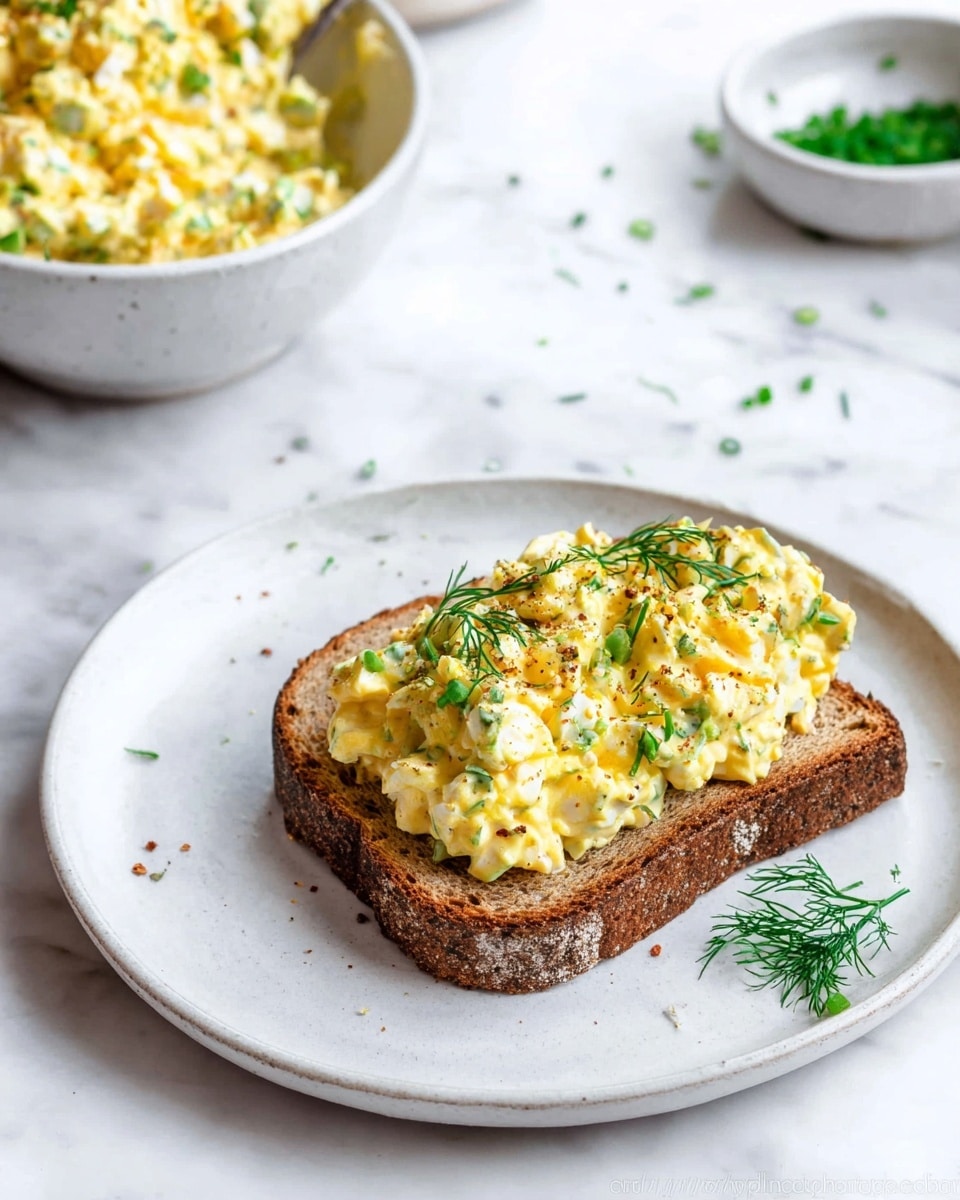 A thick slice of brown toasted bread sits on a white plate, topped with a generous layer of creamy, chunky yellow egg salad mixed with finely chopped green herbs. The egg salad has a slightly lumpy texture and is sprinkled with small bits of black pepper and finely chopped green herbs. A small sprig of fresh green dill rests beside the toast on the plate. In the background, there is a white bowl with a white marbled texture surface holding more egg salad, and a white bowl with scattered chopped green herbs. The whole scene is set on a white marbled texture surface, giving it a fresh and clean look. Photo taken with an iphone --ar 4:5 --v 7