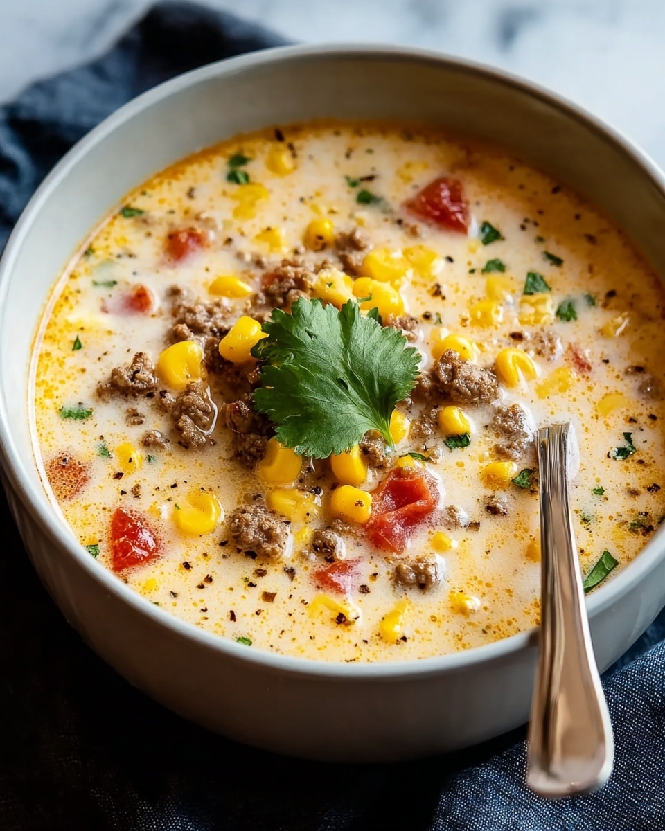A white bowl filled with creamy soup showing three clear layers: the main base is light yellow with small black pepper specks, mixed with floating bright yellow corn kernels and red tomato pieces; on top, crumbled brown ground meat pieces are scattered around; a green cilantro leaf garnish sits at the center; a shiny silver spoon stands inside the bowl on the right; all set on a dark cloth over a white marbled texture. photo taken with an iphone --ar 4:5 --v 7