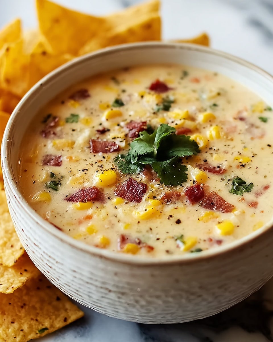 A close-up view of a creamy corn chowder served in a white bowl with a textured outer surface, filled nearly to the rim. The chowder is light beige in color with visible chunks of bright yellow corn, small pieces of red bacon, and green herbs mixed evenly throughout. On top, there is a small garnish of fresh green cilantro leaves and a sprinkle of ground black pepper. The bowl is placed on a white marbled surface, and to the side, there are yellow tortilla chips standing upright. Photo taken with an iphone --ar 4:5 --v 7