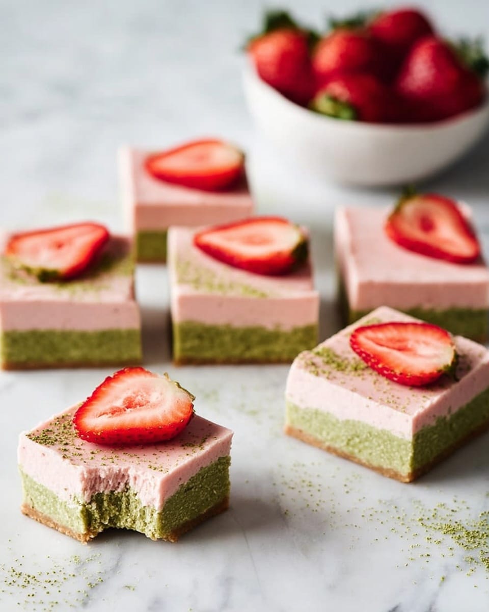 Six square dessert bars are arranged on a white marbled surface in two rows, each bar showing two clear layers: a thick bottom green layer with a textured, crumbly look, and a smooth, light pink top layer. Some bars are sprinkled lightly with green powder, and two have a single slice of bright red strawberry on top. One bar in the front left has a bite taken out, revealing the soft texture of both layers. In the background, a white bowl holds several whole strawberries, adding a fresh touch. photo taken with an iphone --ar 4:5 --v 7